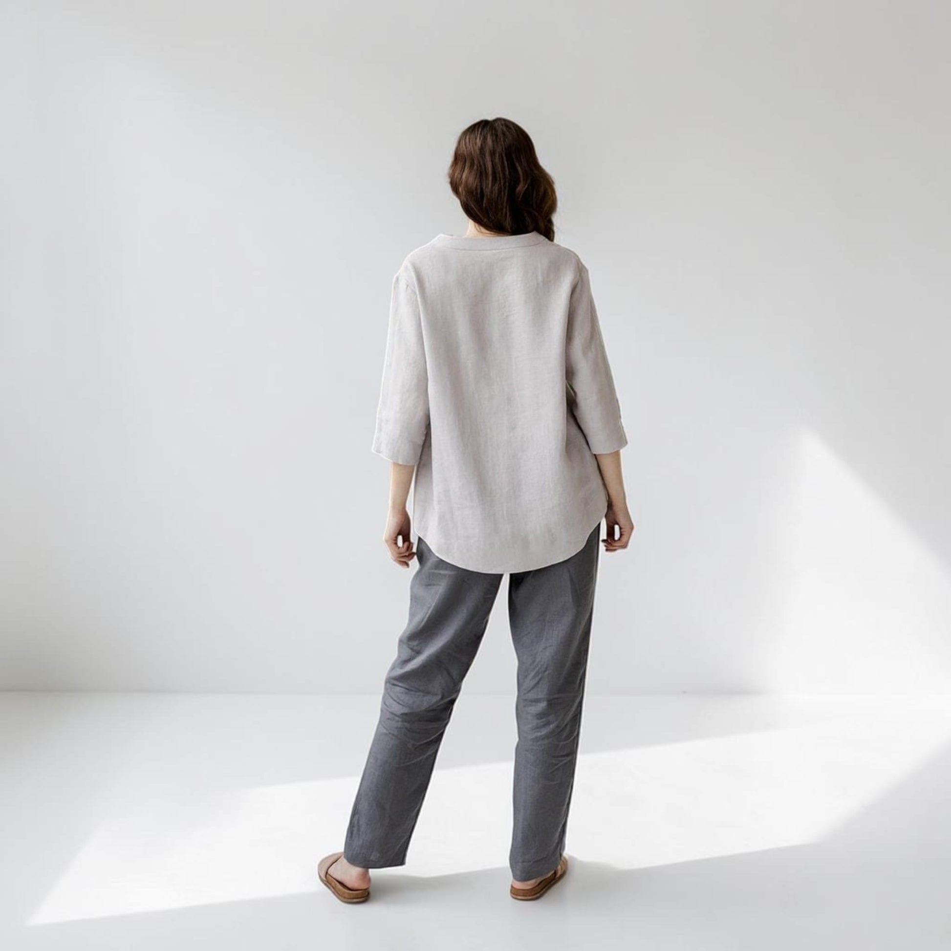Pleated Linen Tunic Top, 3/4 Sleeve
