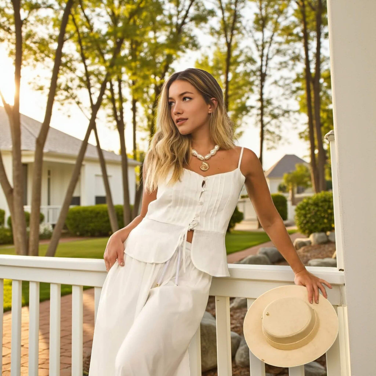 Pleated Peplum Camisole, Button-Front Linen Peplum Top