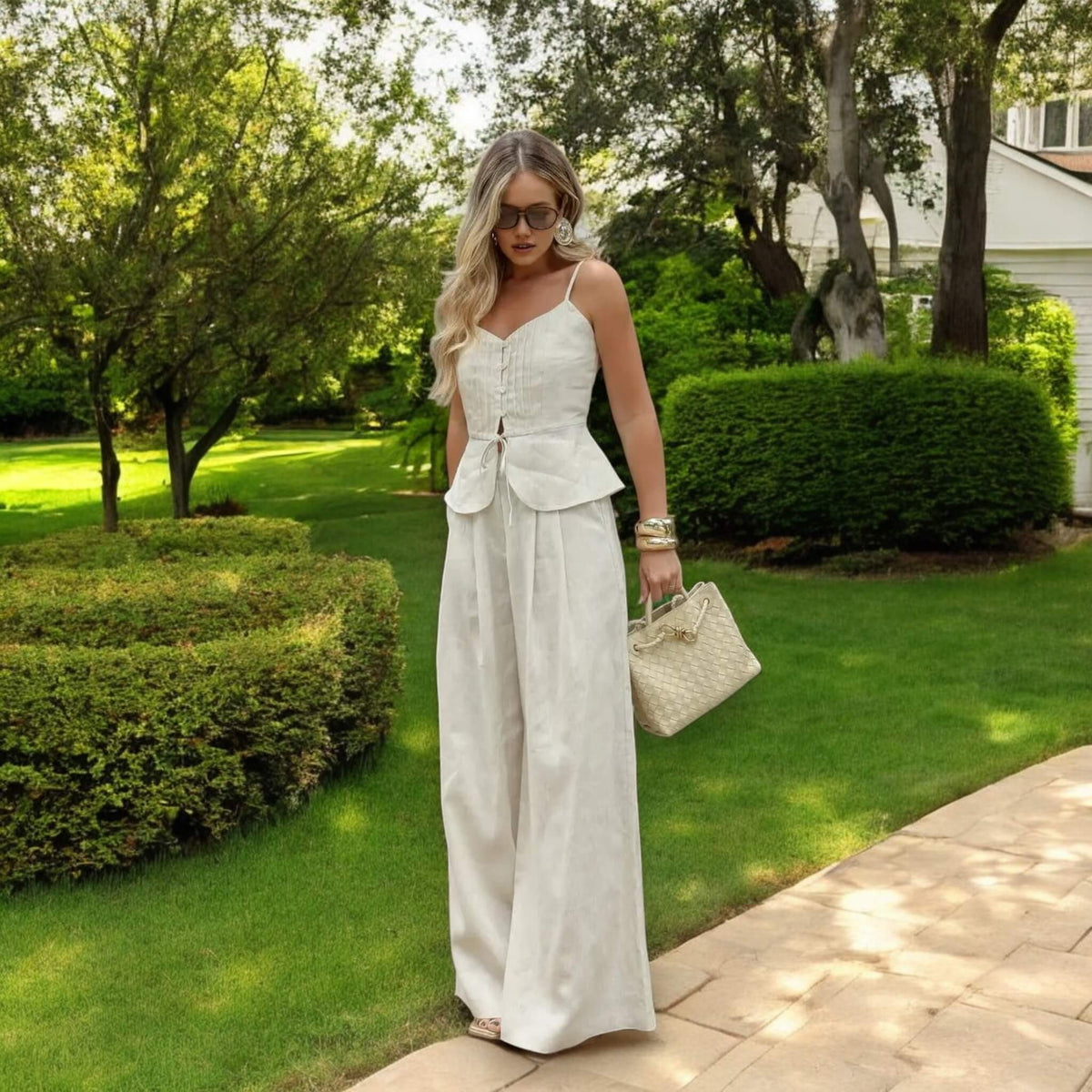 Pleated Peplum Camisole, Button-Front Linen Peplum Top