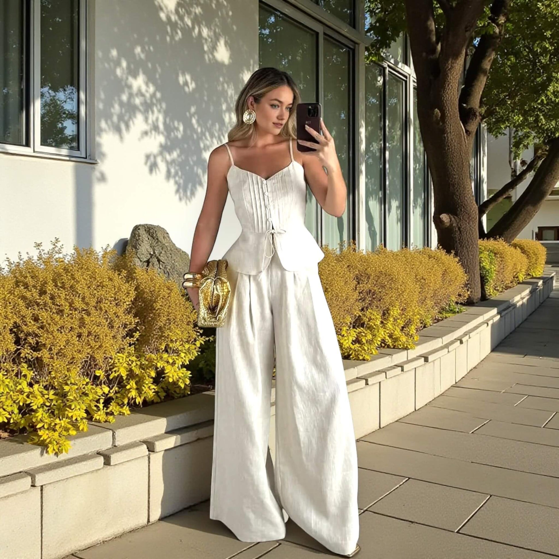 Pleated Peplum Camisole, Button-Front Linen Peplum Top