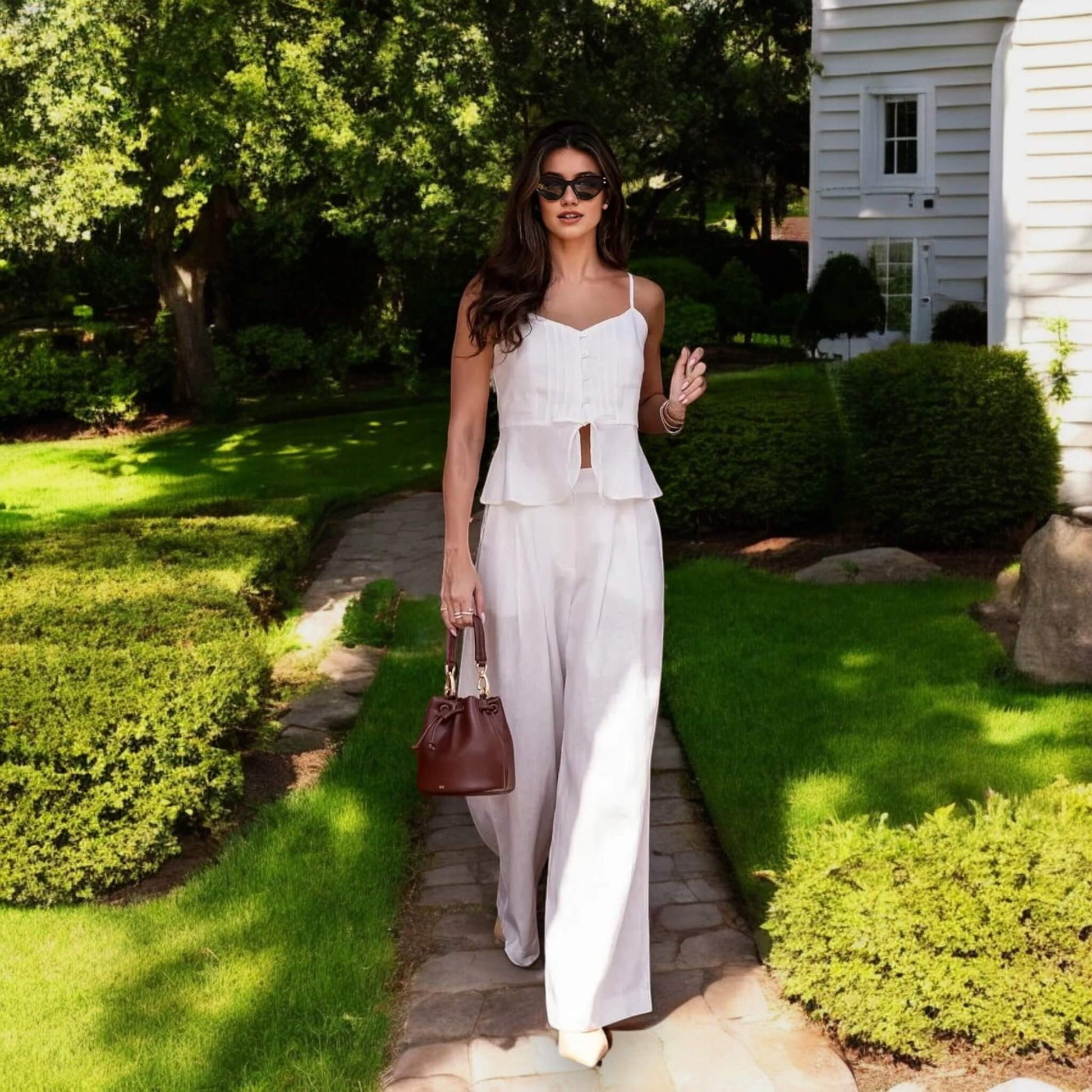 Pleated Peplum Camisole, Button-Front Linen Peplum Top