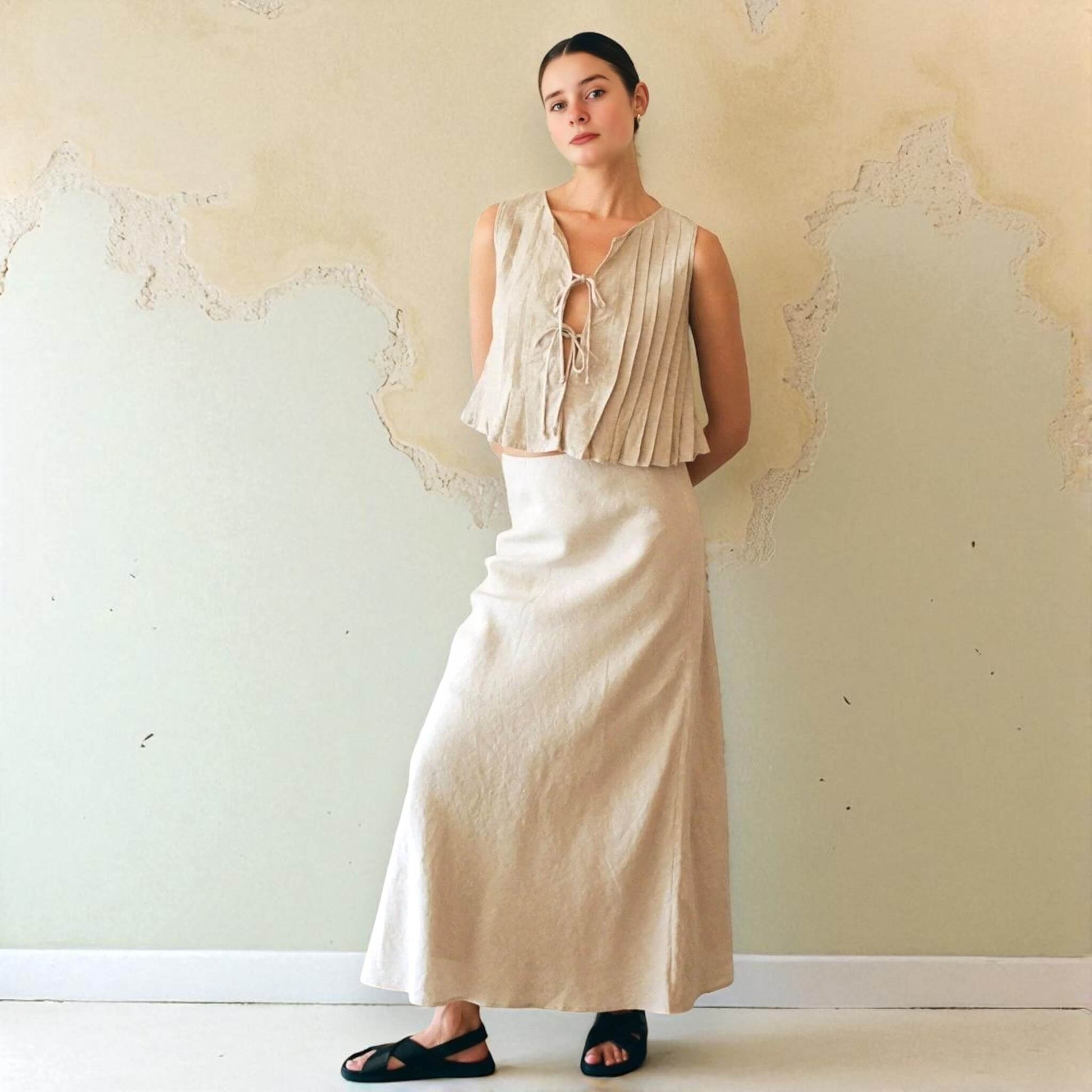 Pleated Tops Women, Sleeveless Pleated Linen Blouse