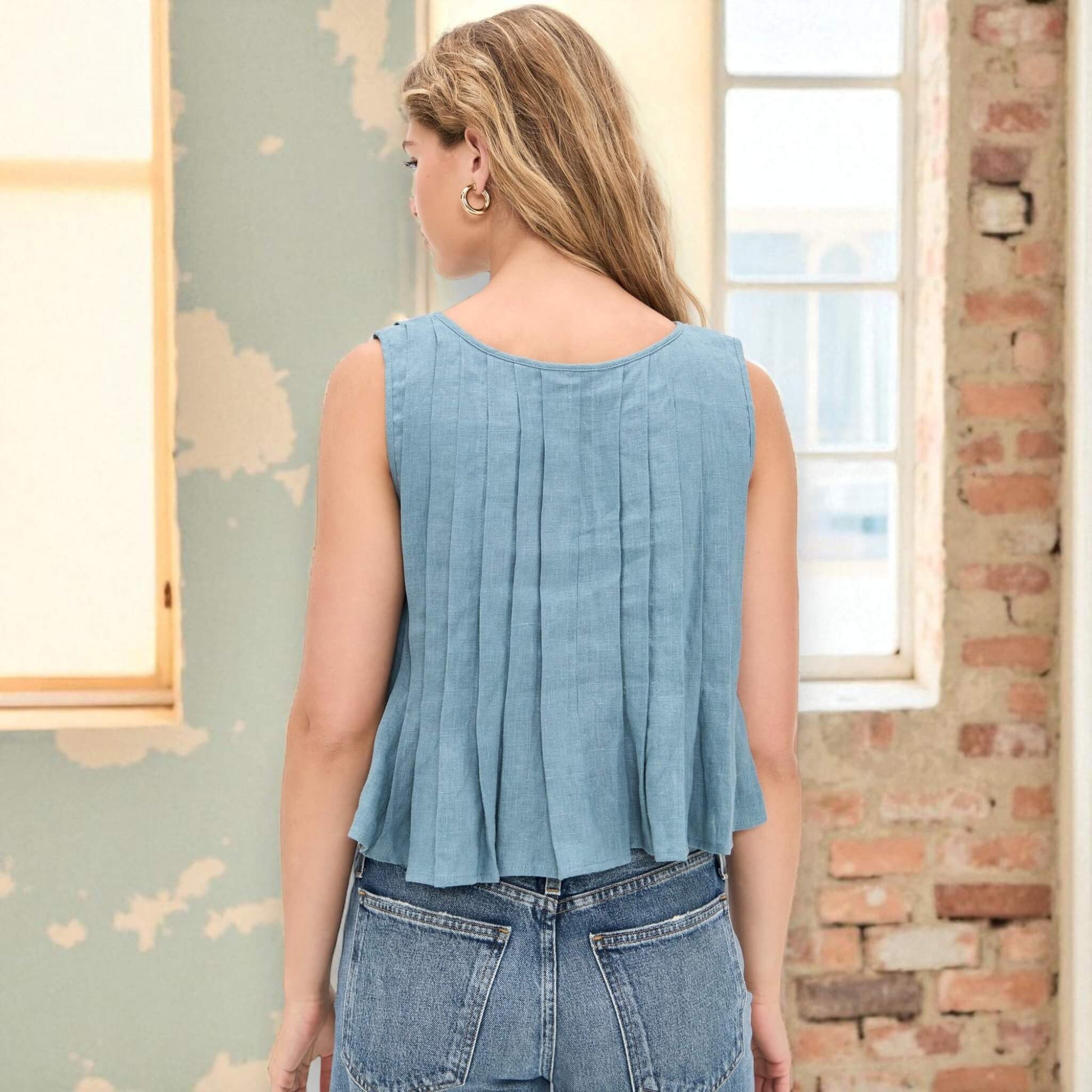 Pleated Tops Women, Sleeveless Pleated Linen Blouse