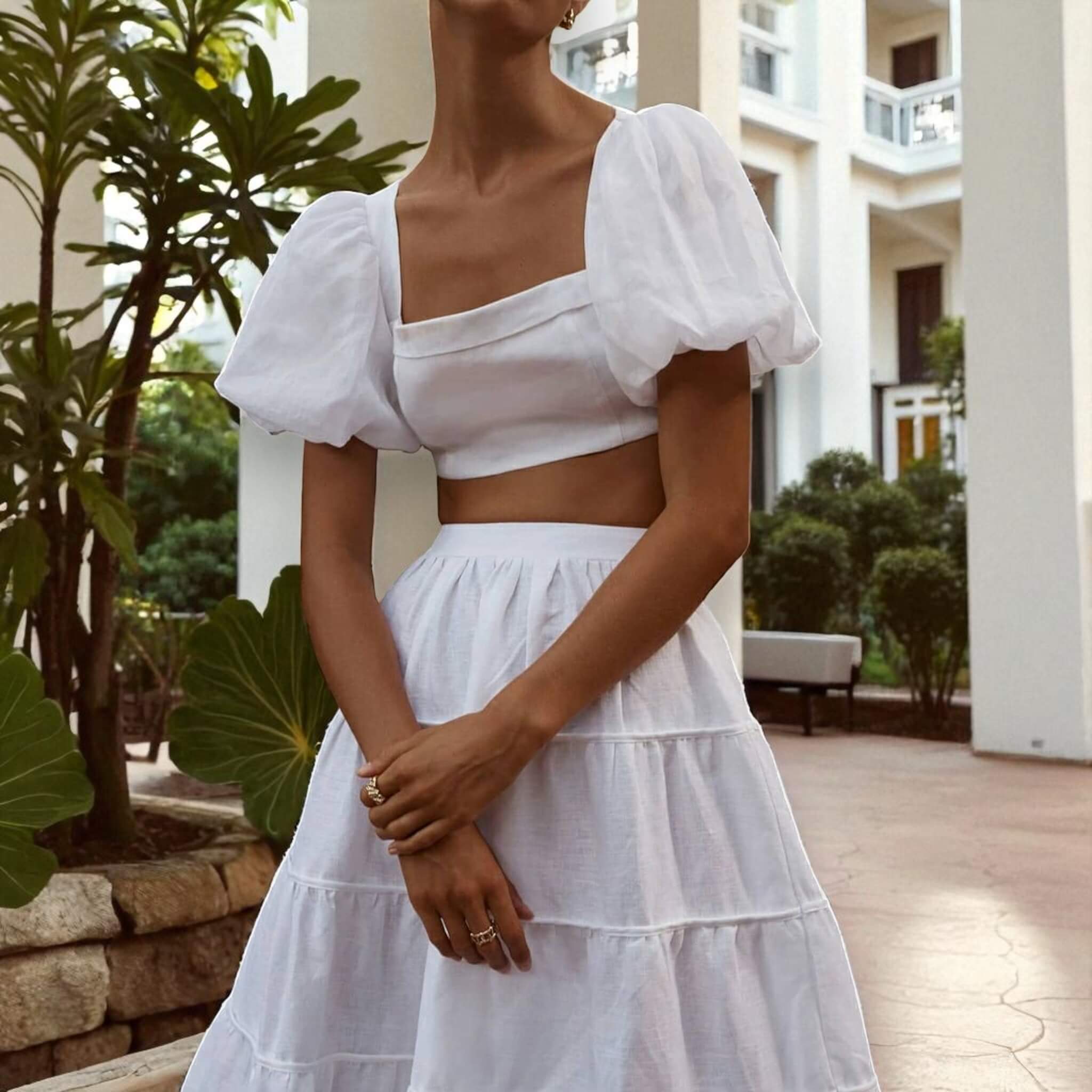 Puff Sleeve Linen Crop Top, Square Neck Linen Blouse