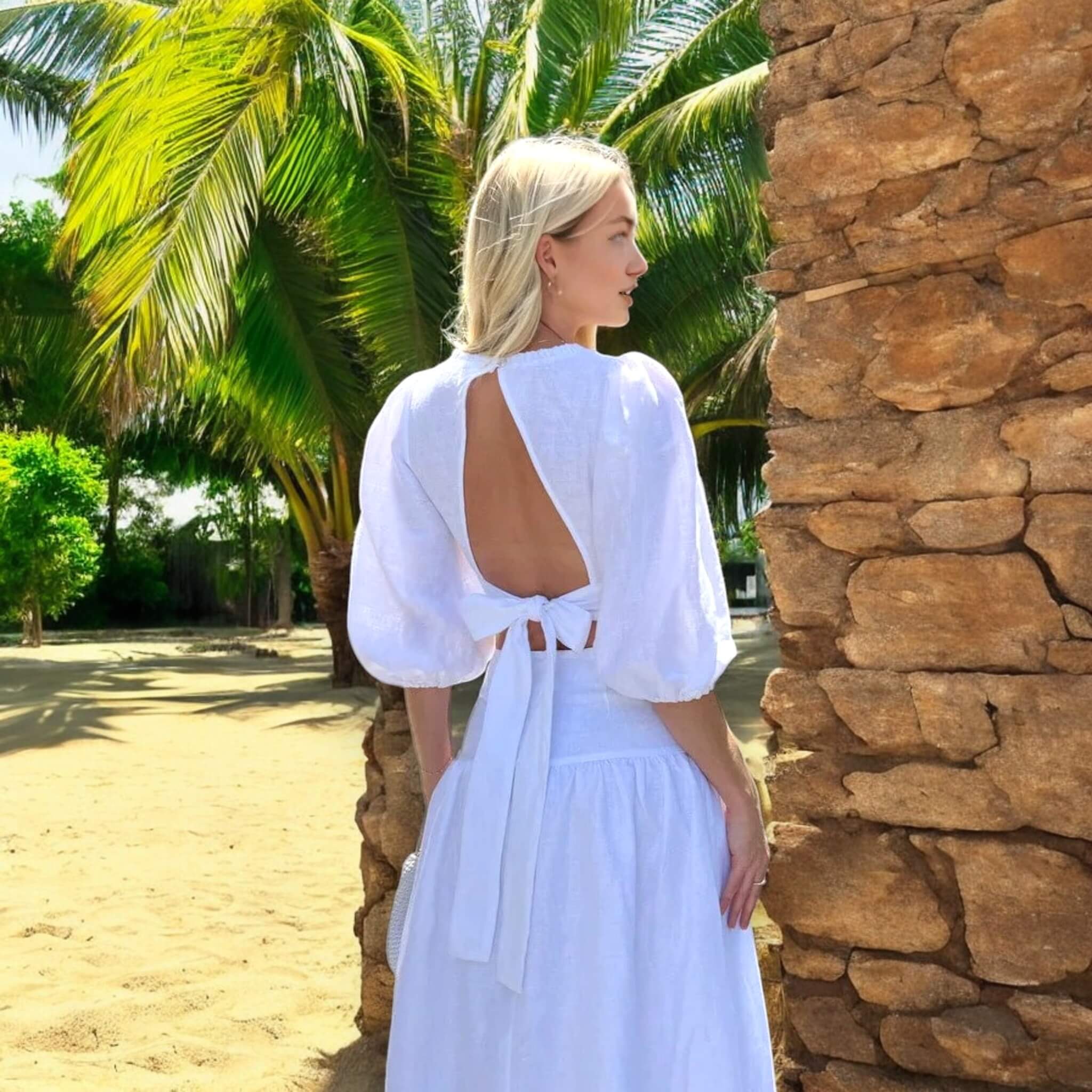 Puff Sleeve Linen Crop Top, V Neck Tie Back Linen Top