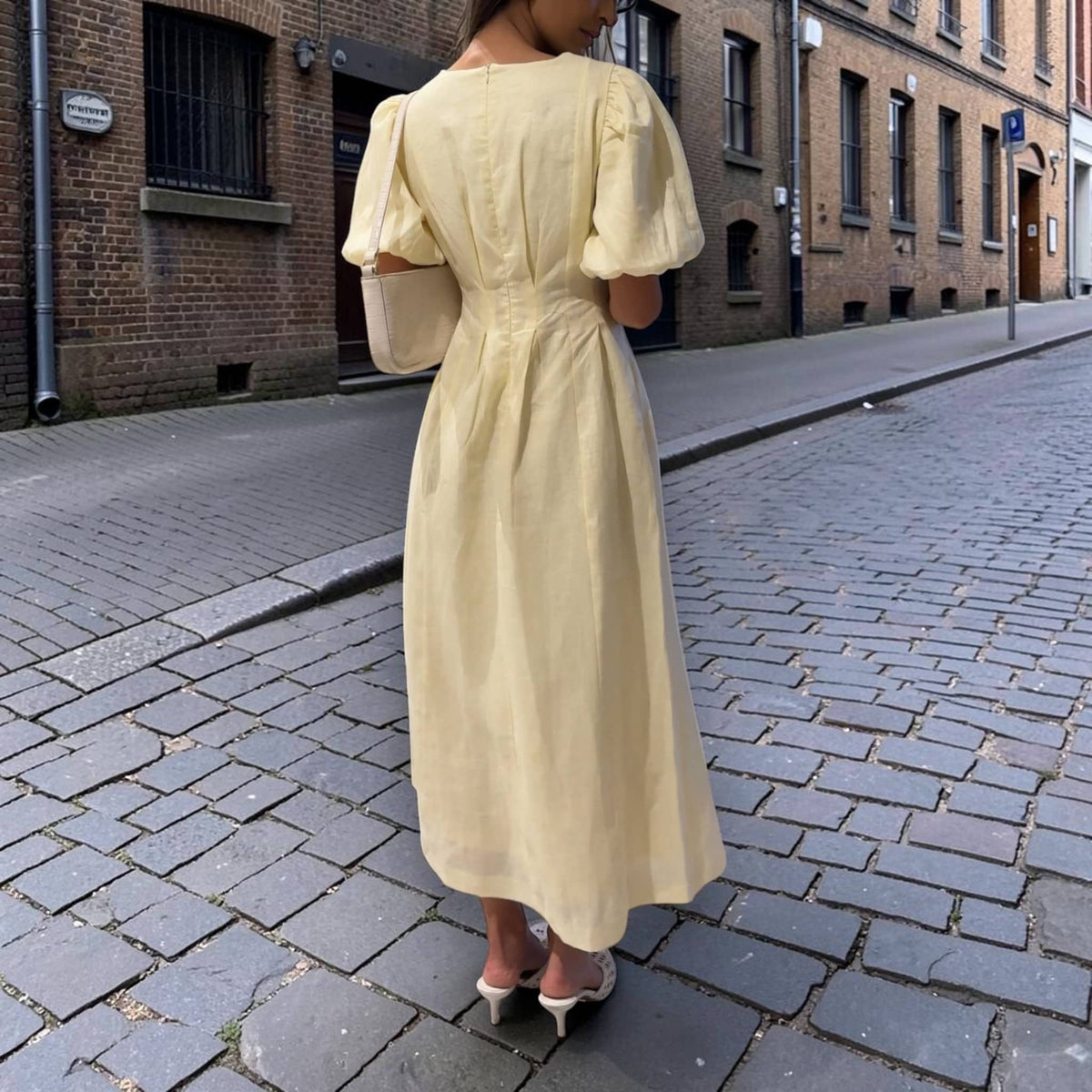 Puff Sleeve Linen Dress, Round Neck Pleated Waist