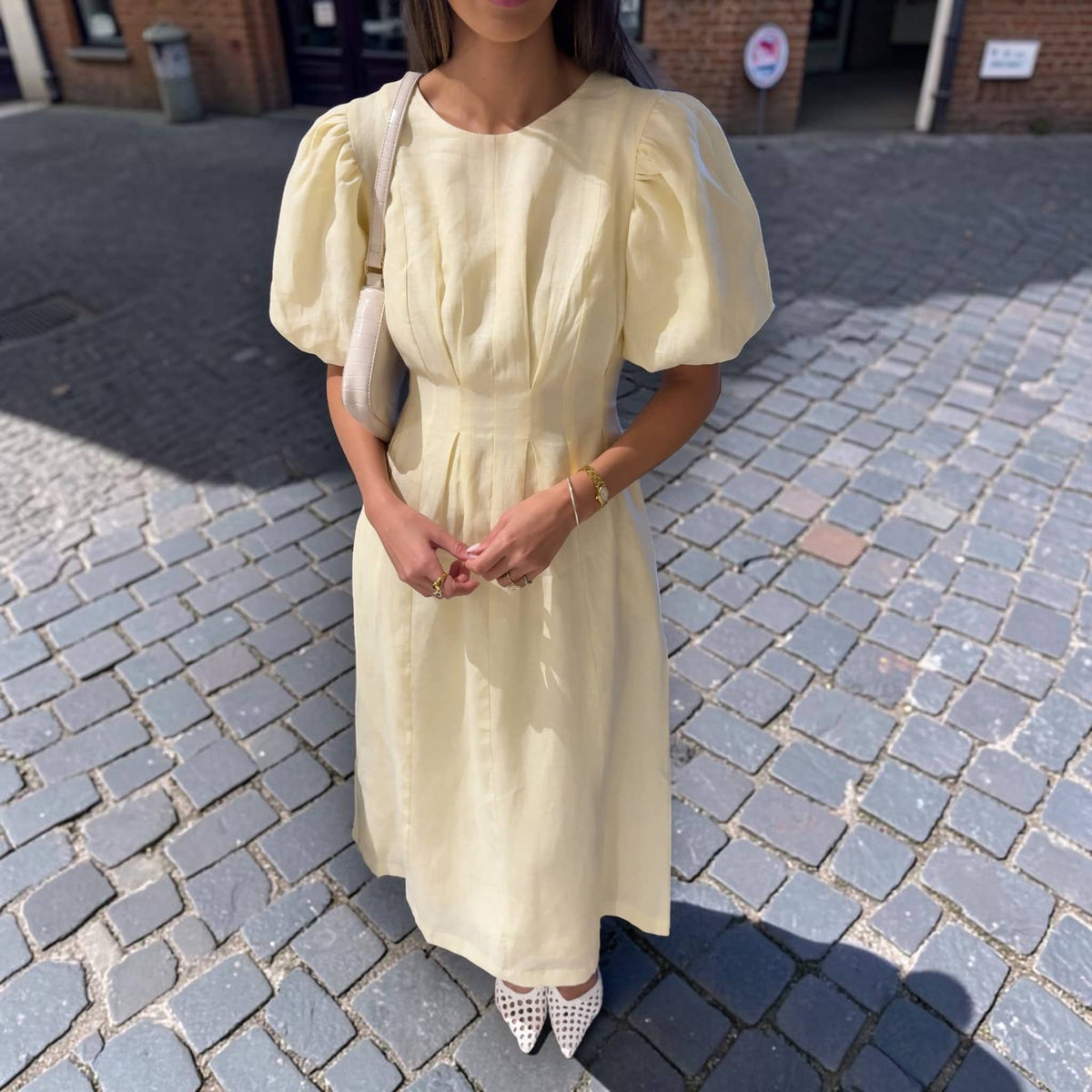 Puff Sleeve Linen Dress, Round Neck Pleated Waist