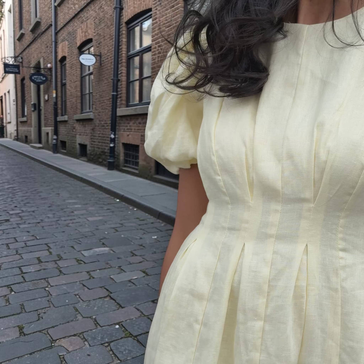 Puff Sleeve Linen Dress, Round Neck Pleated Waist