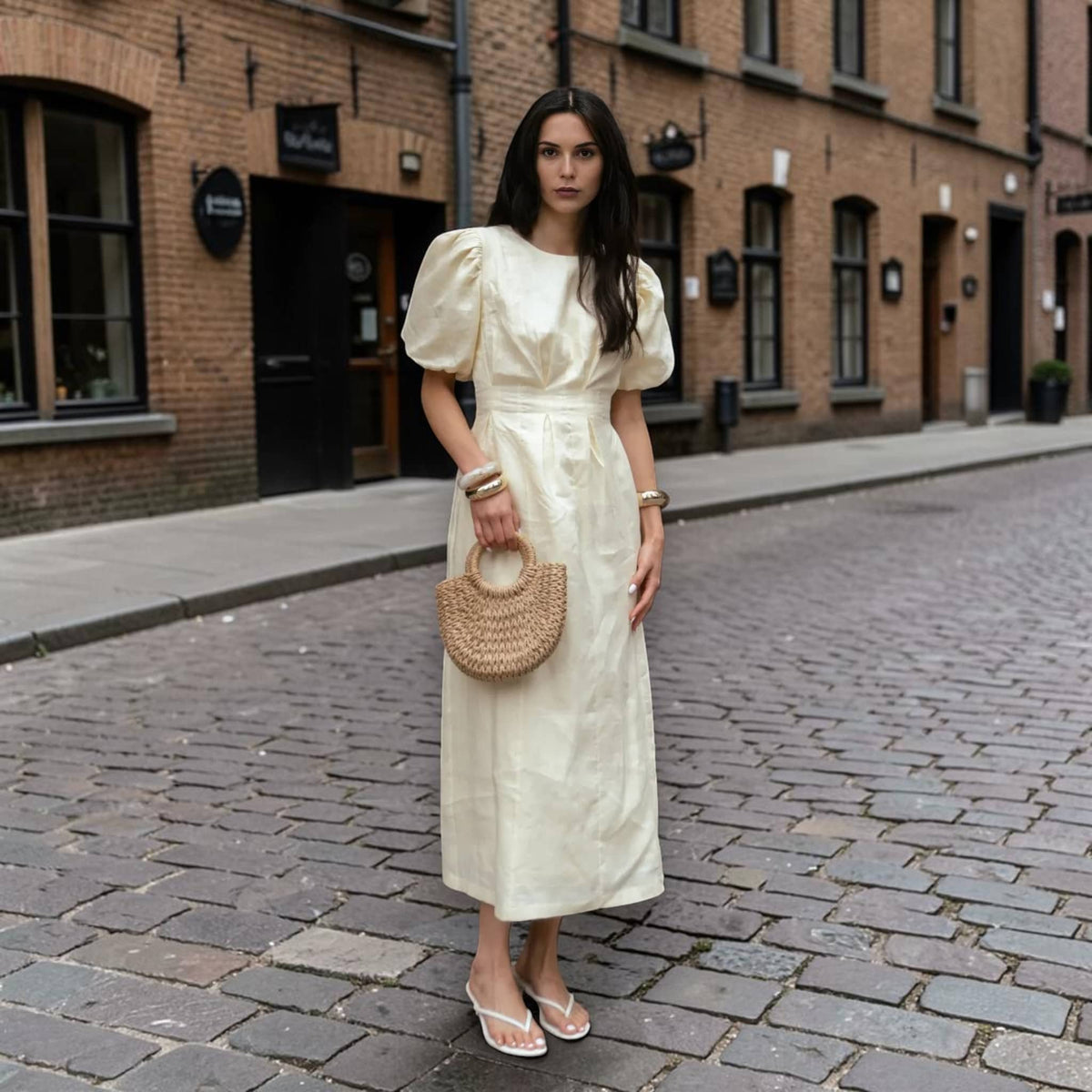 Puff Sleeve Linen Dress, Round Neck Pleated Waist