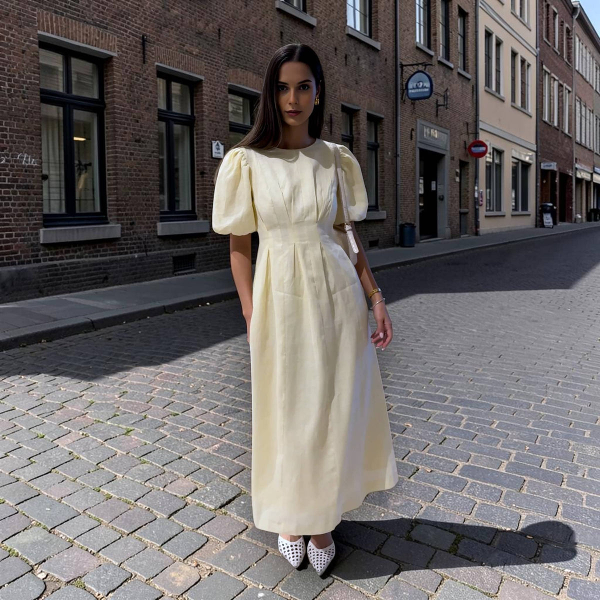 Puff Sleeve Linen Dress, Round Neck Pleated Waist