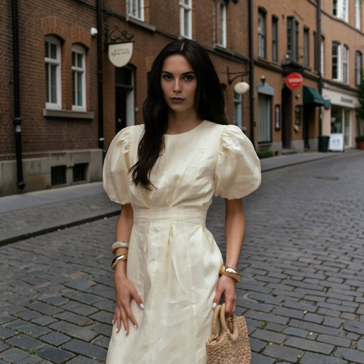 Puff Sleeve Linen Dress, Round Neck Pleated Waist