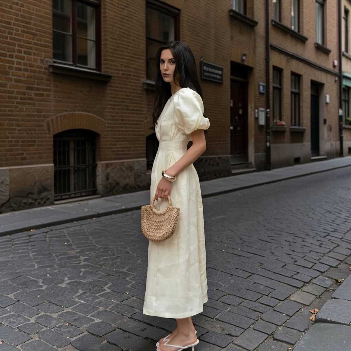 Puff Sleeve Linen Dress, Round Neck Pleated Waist