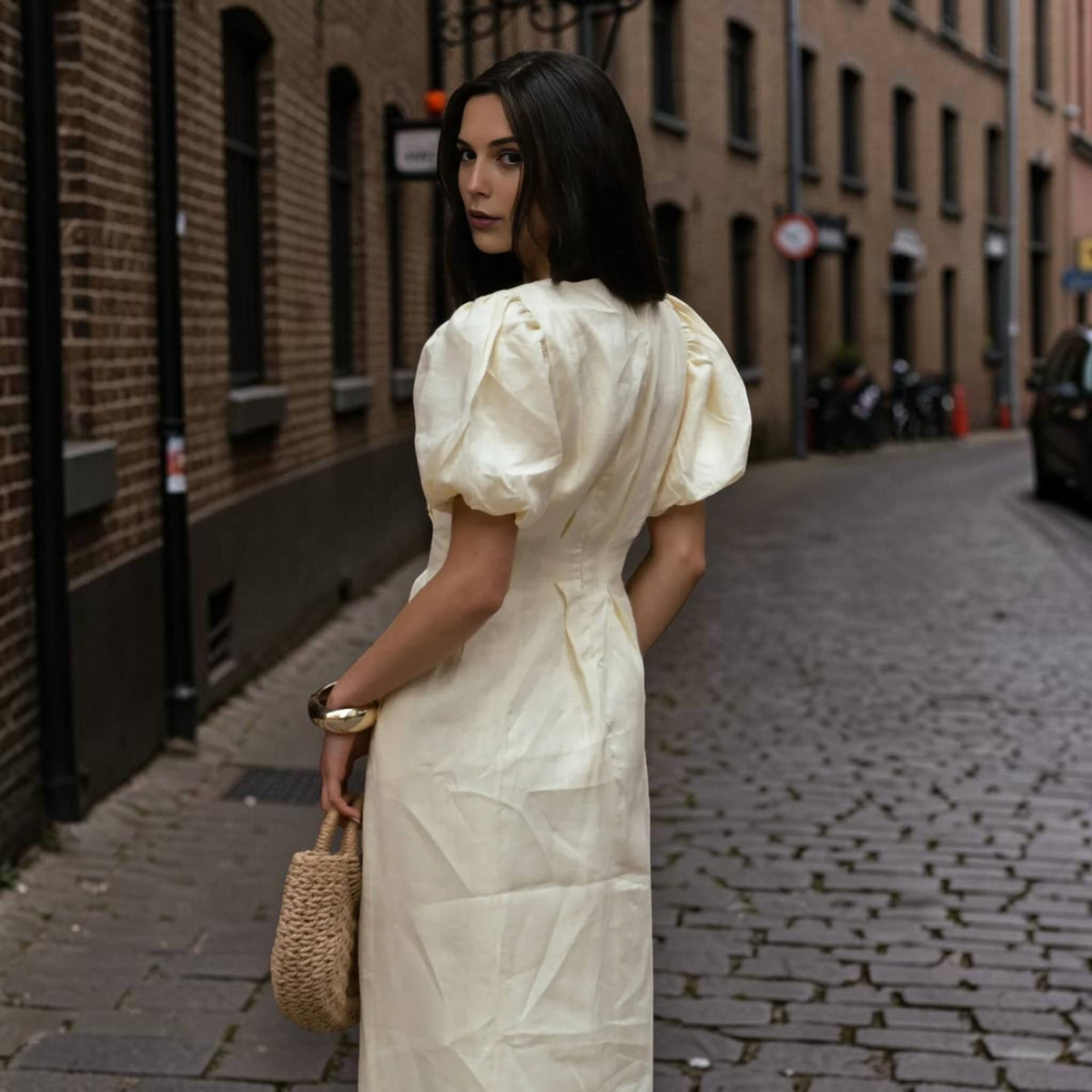 Puff Sleeve Linen Dress, Round Neck Pleated Waist