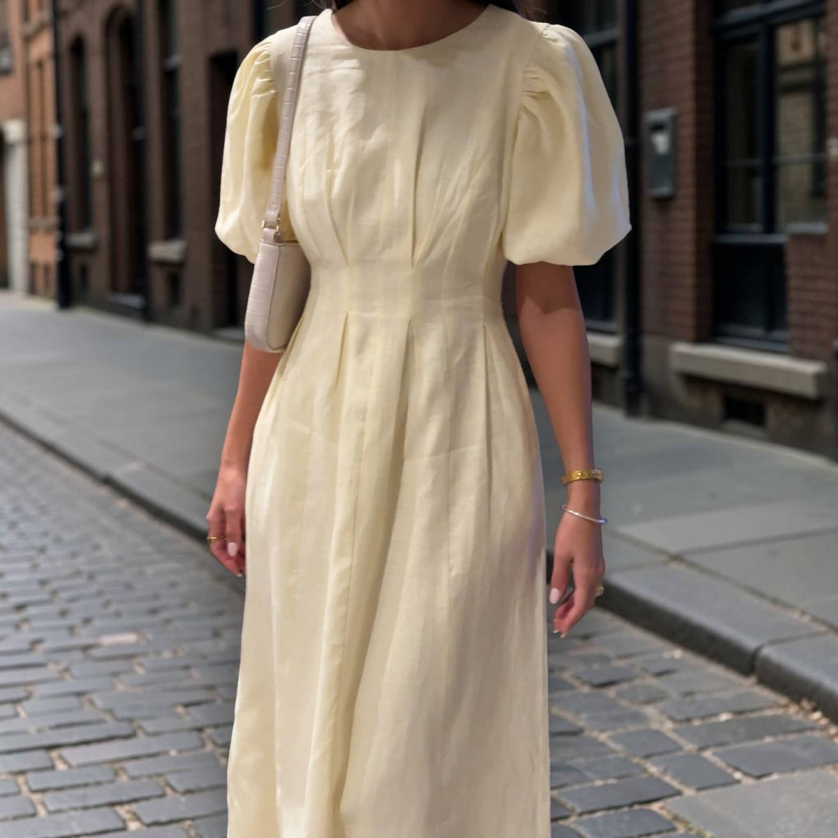 Puff Sleeve Linen Dress, Round Neck Pleated Waist
