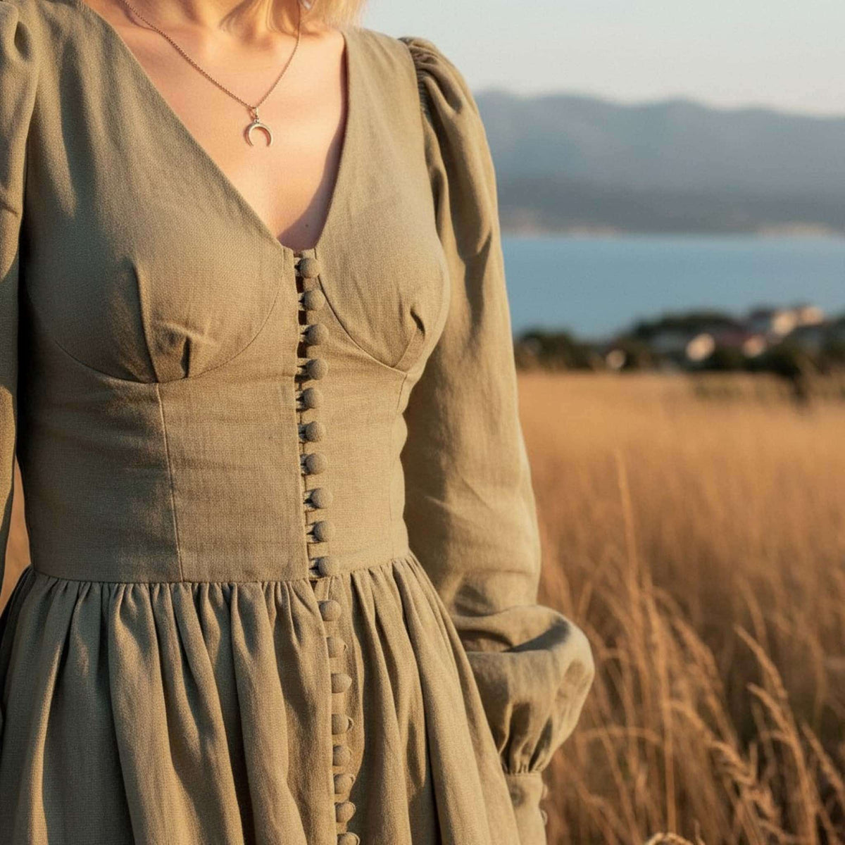 Puff Sleeve Linen Maxi Dress, Button Front Linen Long Dress
