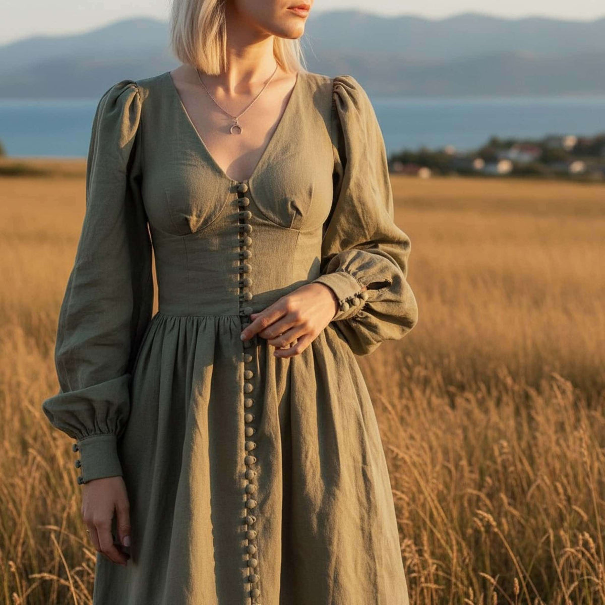 Puff Sleeve Linen Maxi Dress, Button Front Linen Long Dress