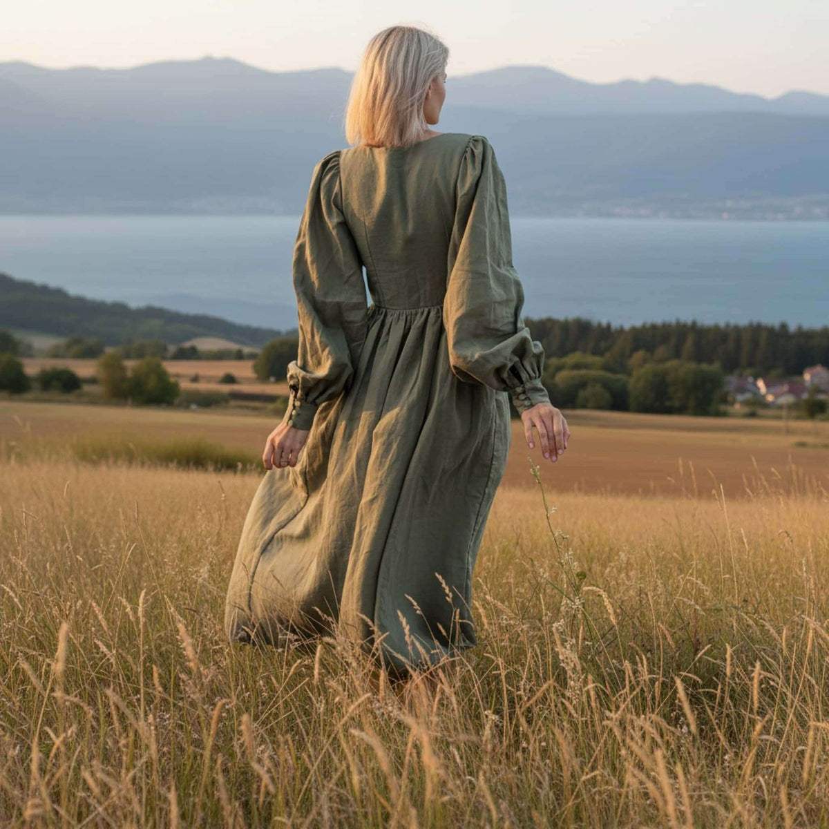 Puff Sleeve Linen Maxi Dress, Button Front Linen Long Dress