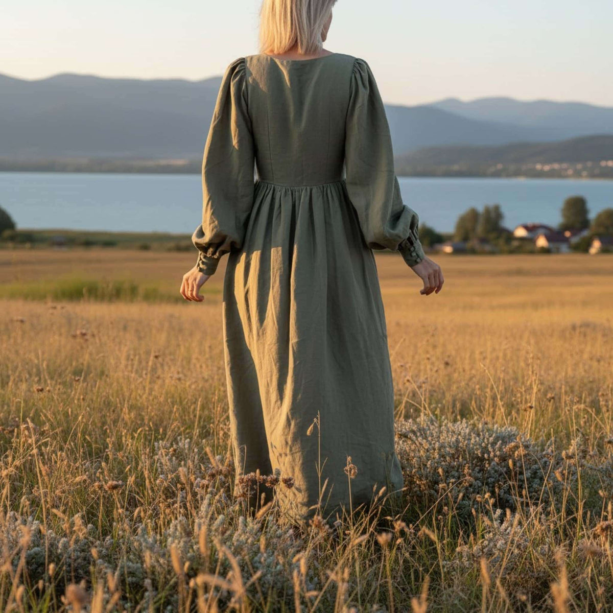 Puff Sleeve Linen Maxi Dress, Button Front Linen Long Dress