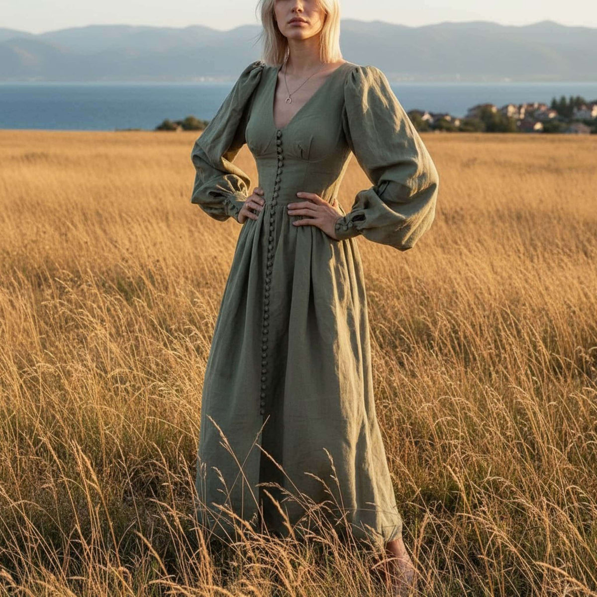 Puff Sleeve Linen Maxi Dress, Button Front Linen Long Dress