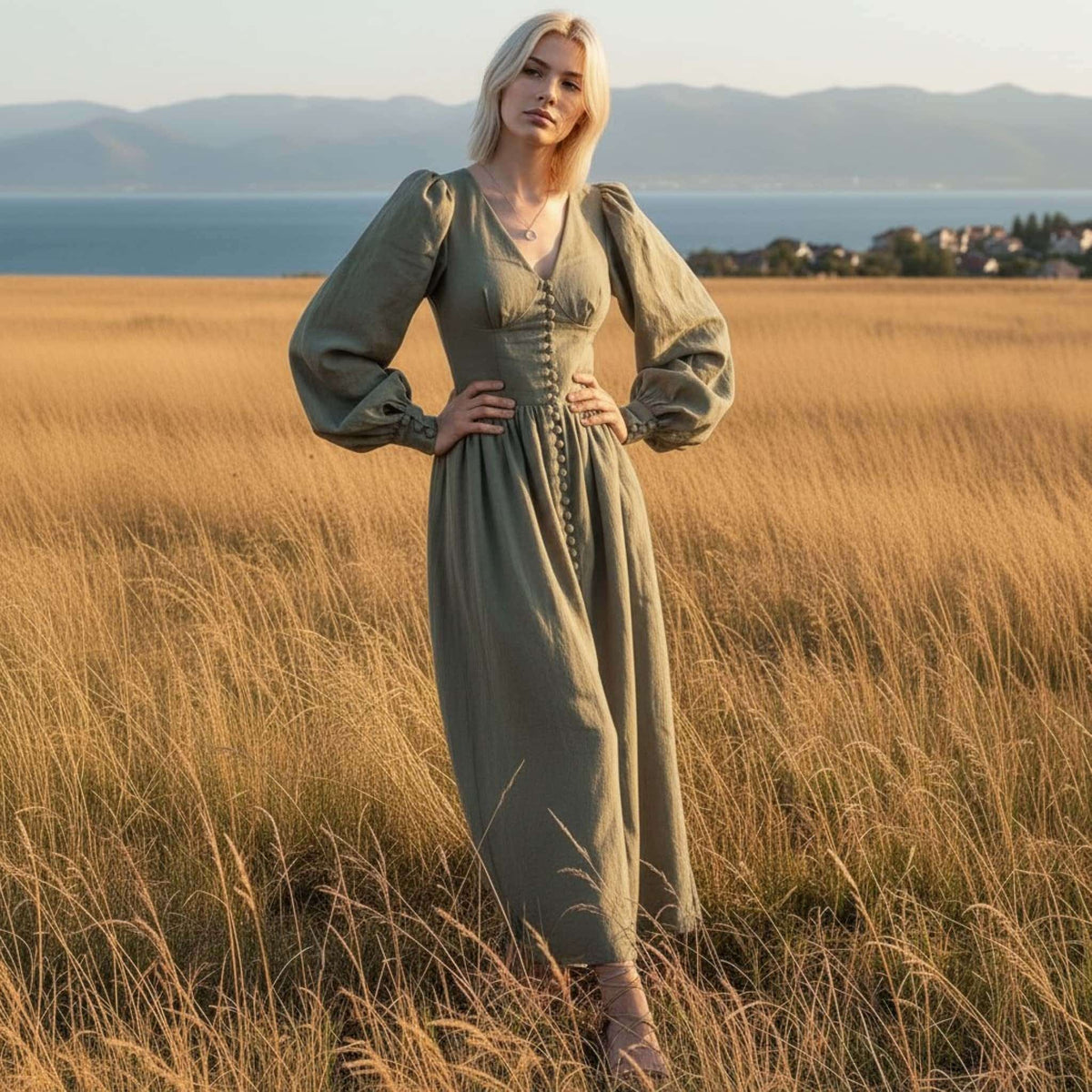 Puff Sleeve Linen Maxi Dress, Button Front Linen Long Dress