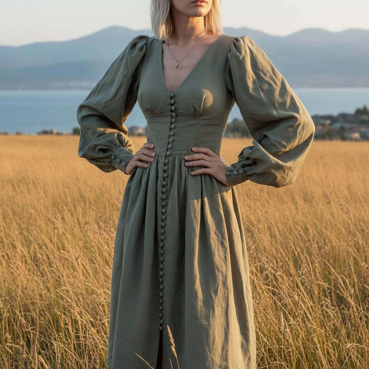Puff Sleeve Linen Maxi Dress, Button Front Linen Long Dress