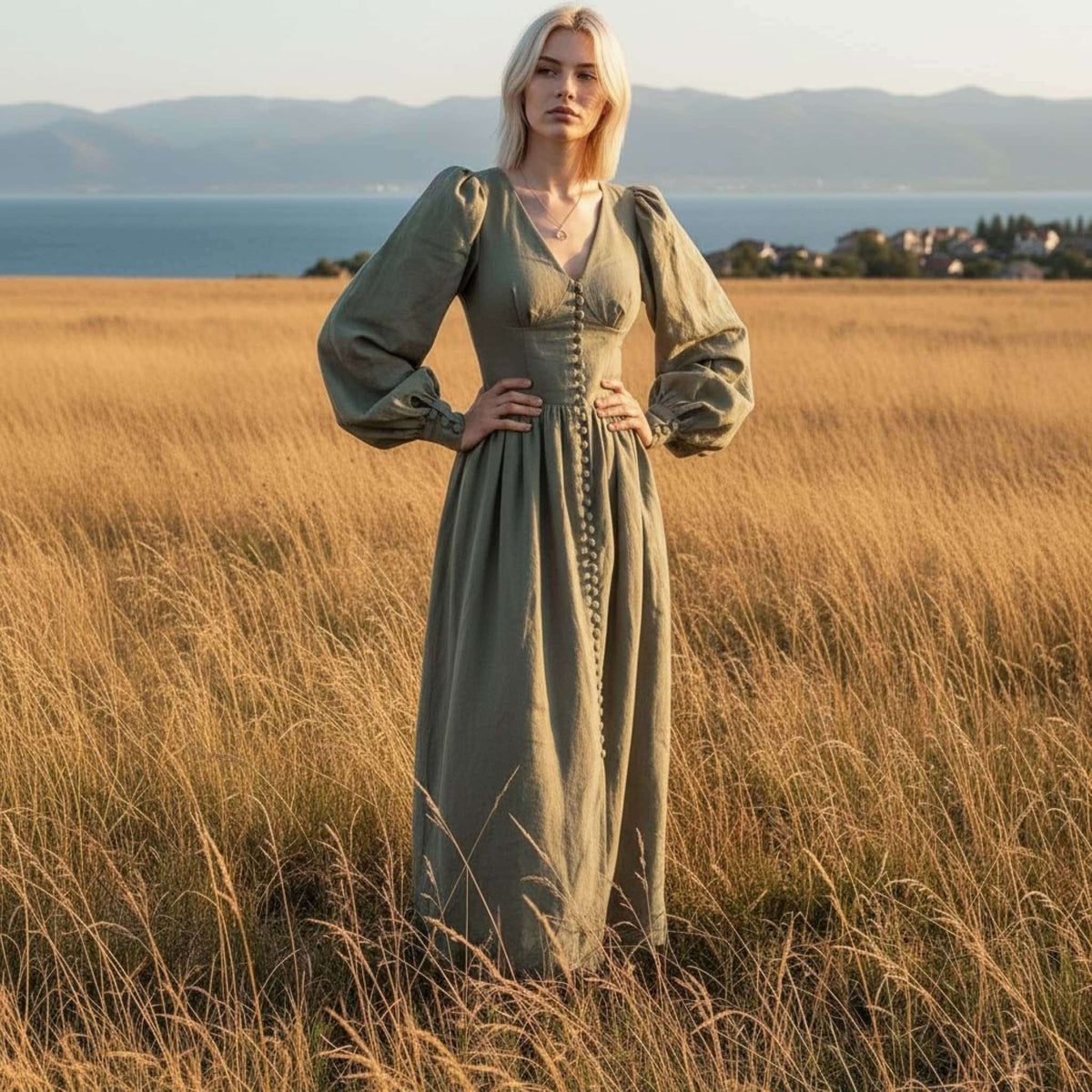 Puff Sleeve Linen Maxi Dress, Button Front Linen Long Dress