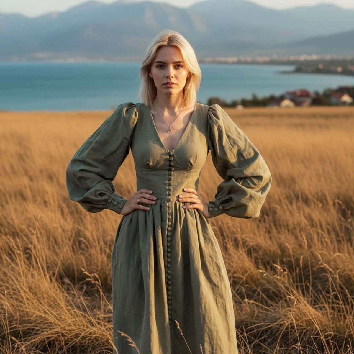 Puff Sleeve Linen Maxi Dress, Button Front Linen Long Dress