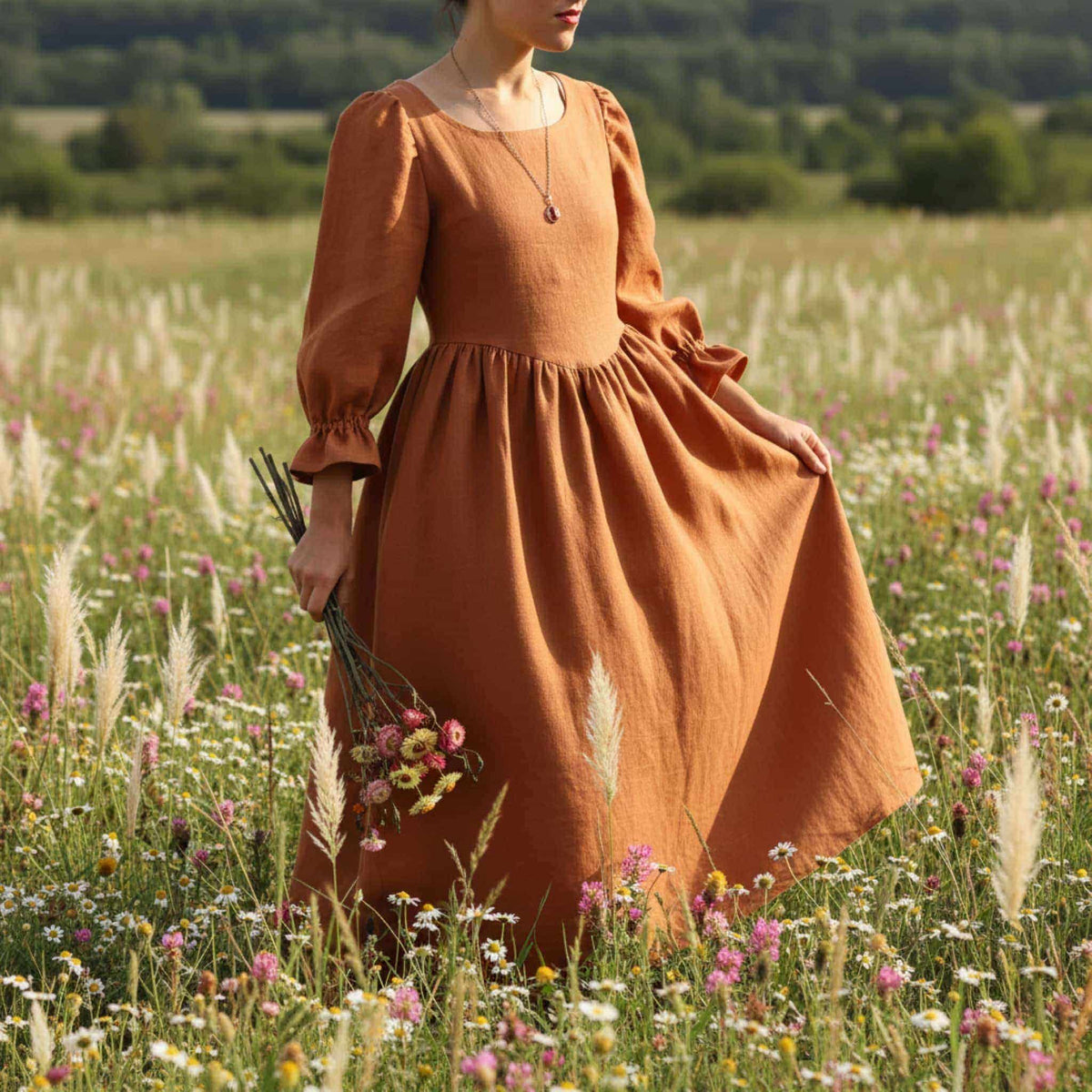 Puff Sleeve Linen Maxi Dress, Linen Corset Back Dress