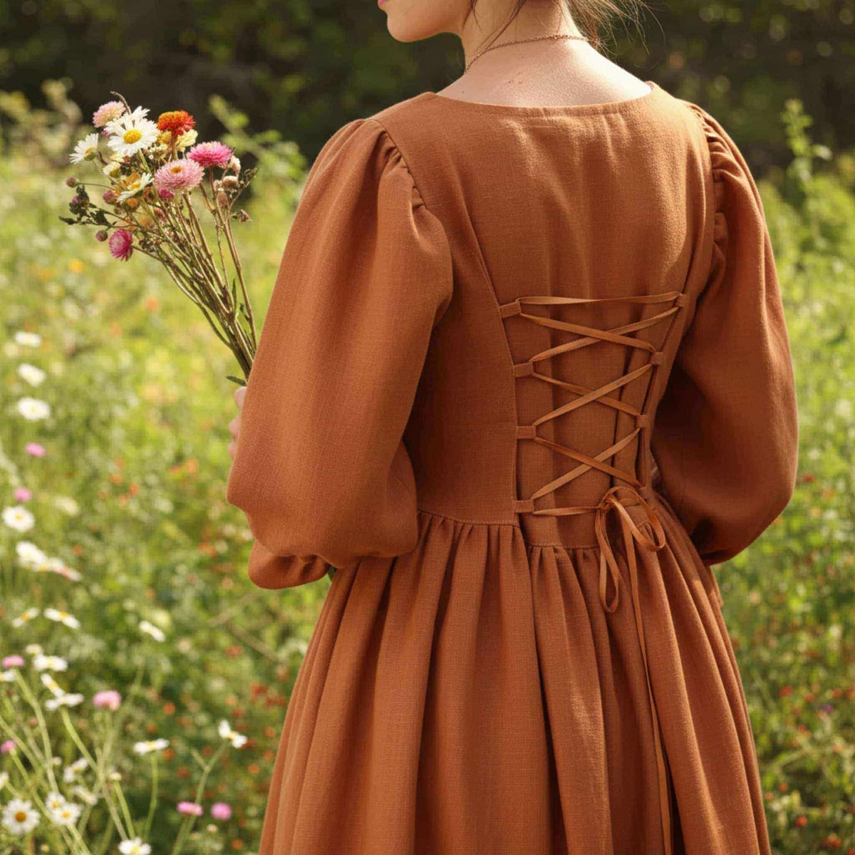Puff Sleeve Linen Maxi Dress, Linen Corset Back Dress