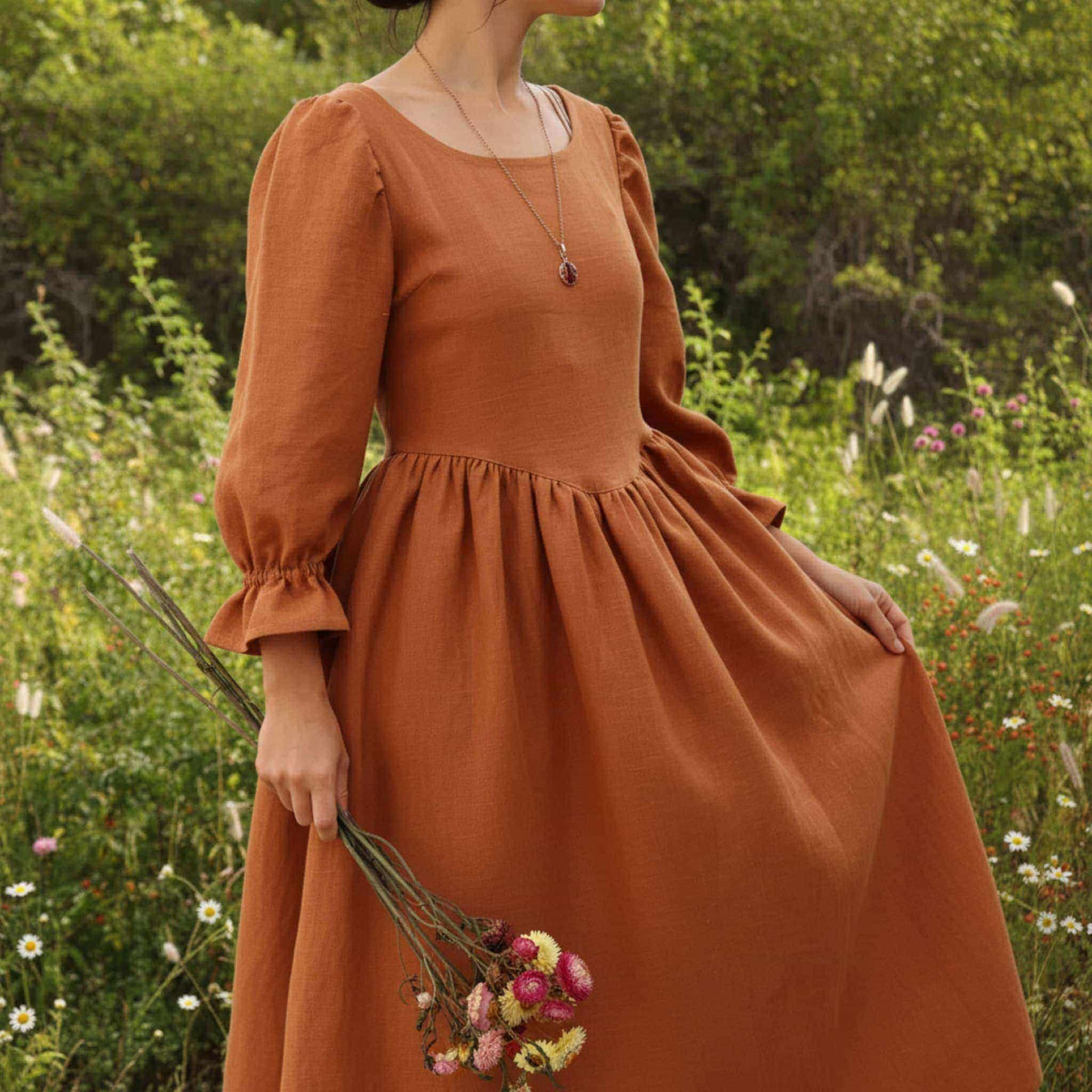 Puff Sleeve Linen Maxi Dress, Linen Corset Back Dress