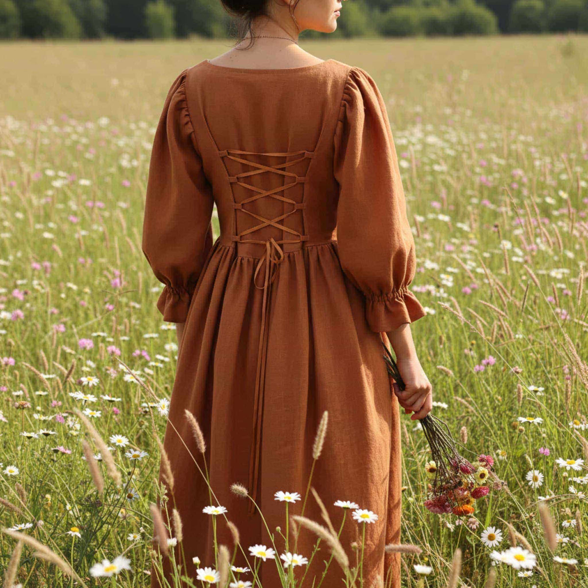 Puff Sleeve Linen Maxi Dress, Linen Corset Back Dress