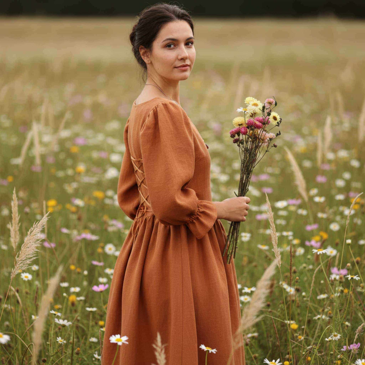 Puff Sleeve Linen Maxi Dress, Linen Corset Back Dress