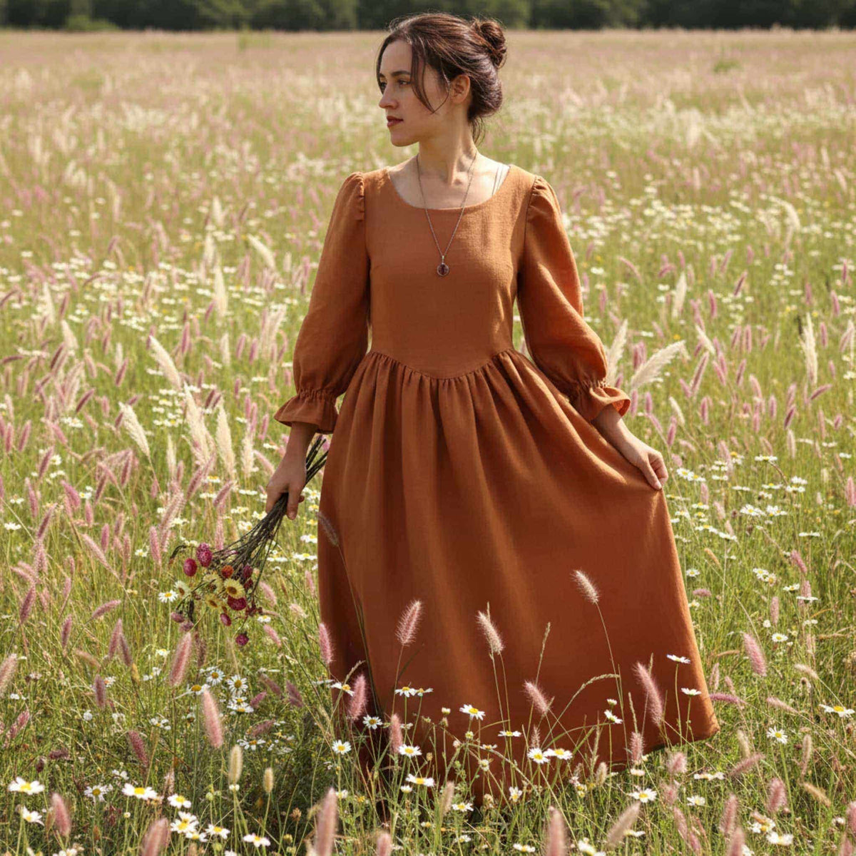 Puff Sleeve Linen Maxi Dress, Linen Corset Back Dress