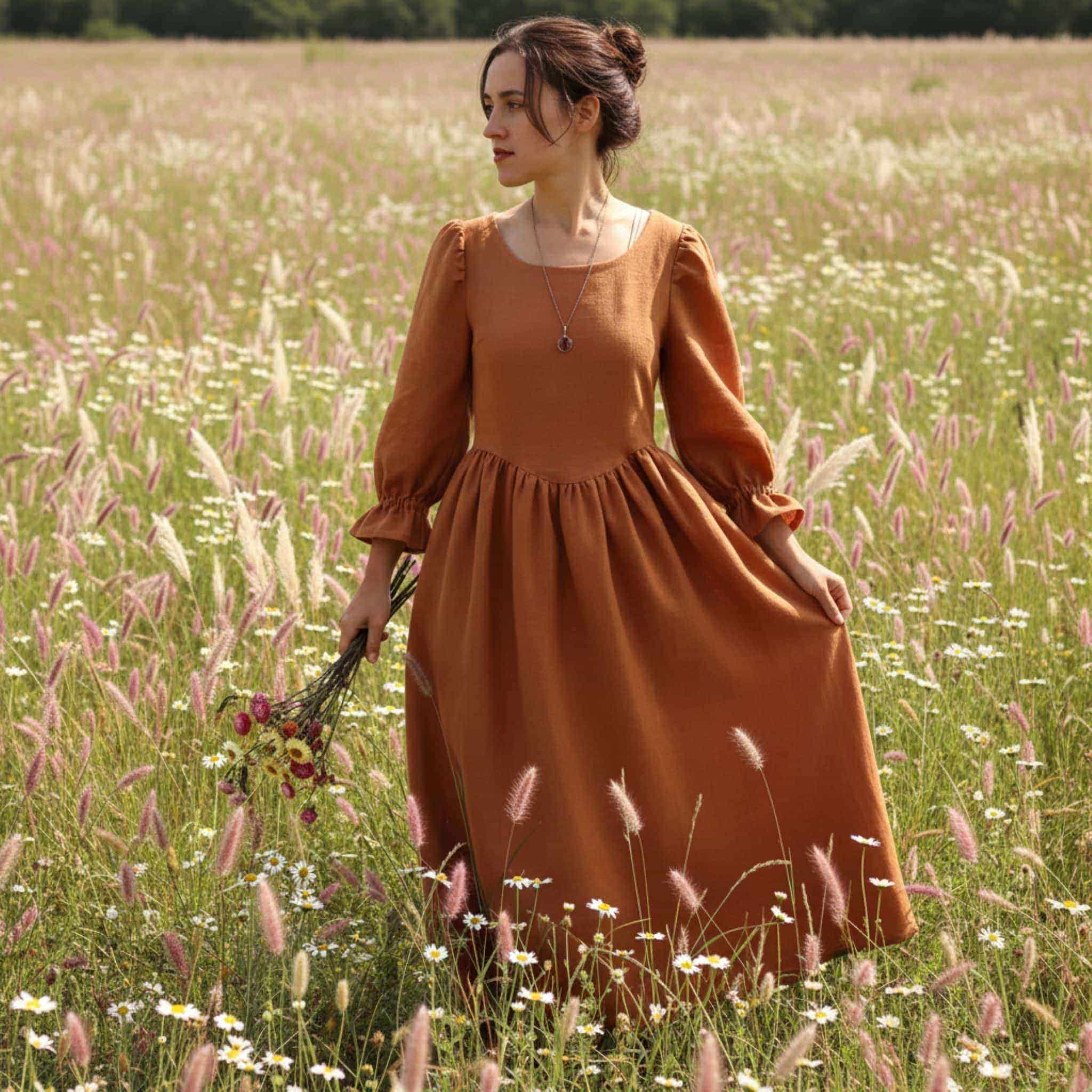 Puff Sleeve Linen Maxi Dress, Linen Corset Back Dress