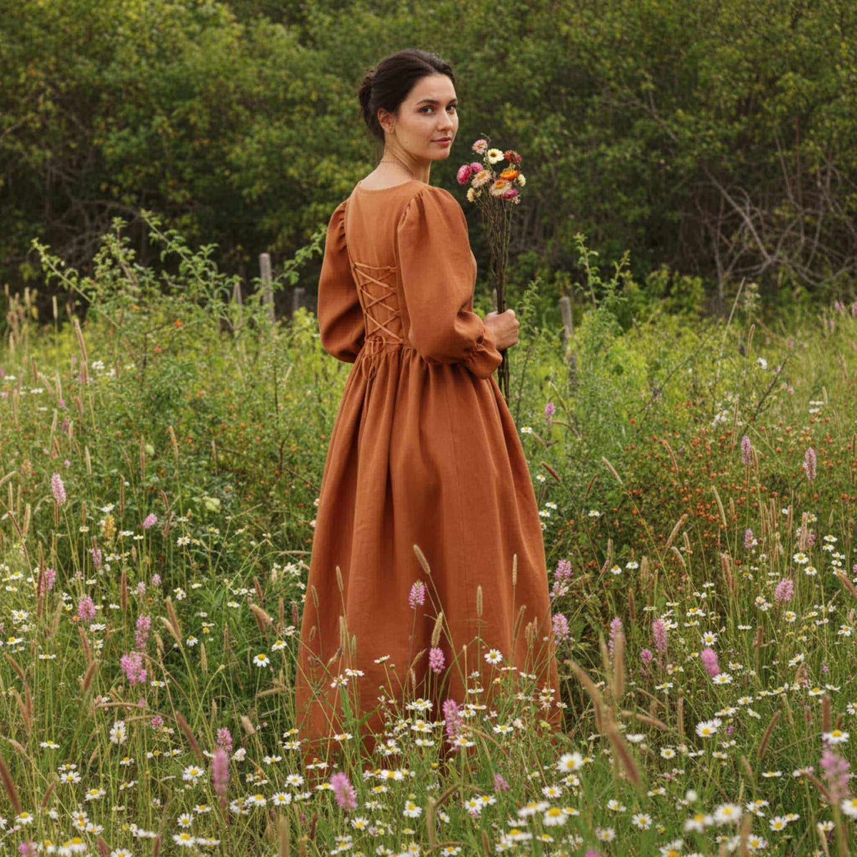 Puff Sleeve Linen Maxi Dress, Linen Corset Back Dress