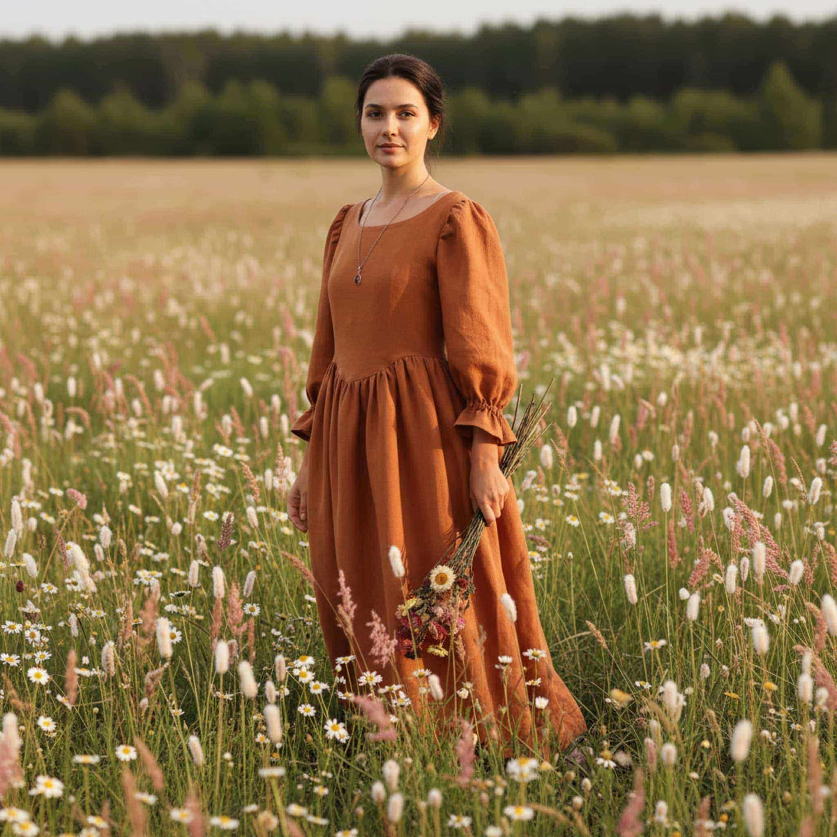 Puff Sleeve Linen Maxi Dress, Linen Corset Back Dress