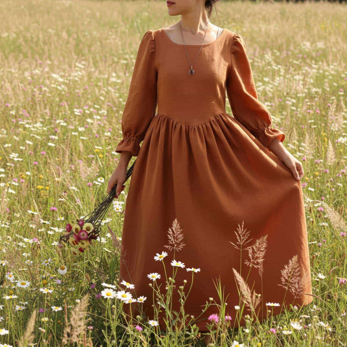 Puff Sleeve Linen Maxi Dress, Linen Corset Back Dress