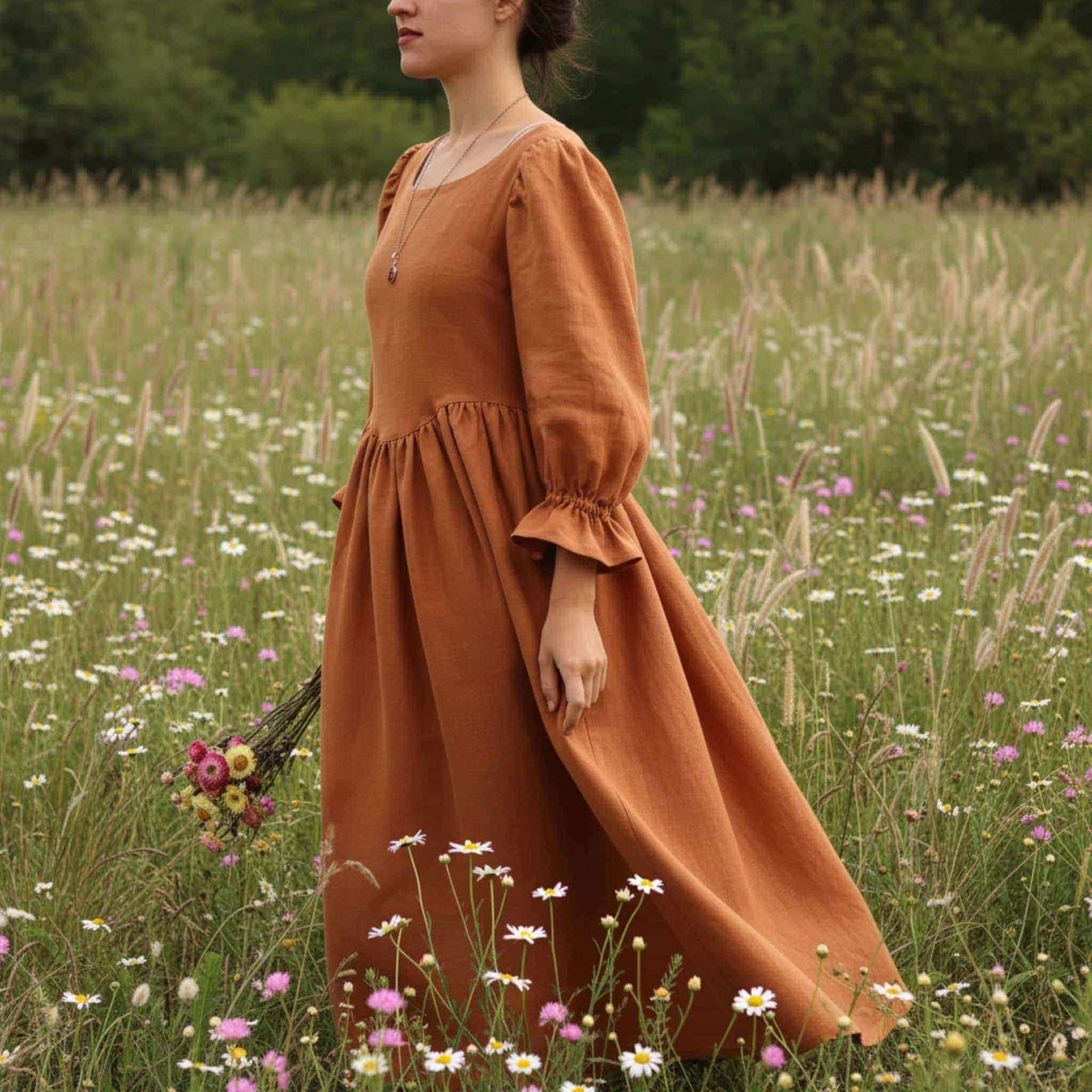 Puff Sleeve Linen Maxi Dress, Linen Corset Back Dress