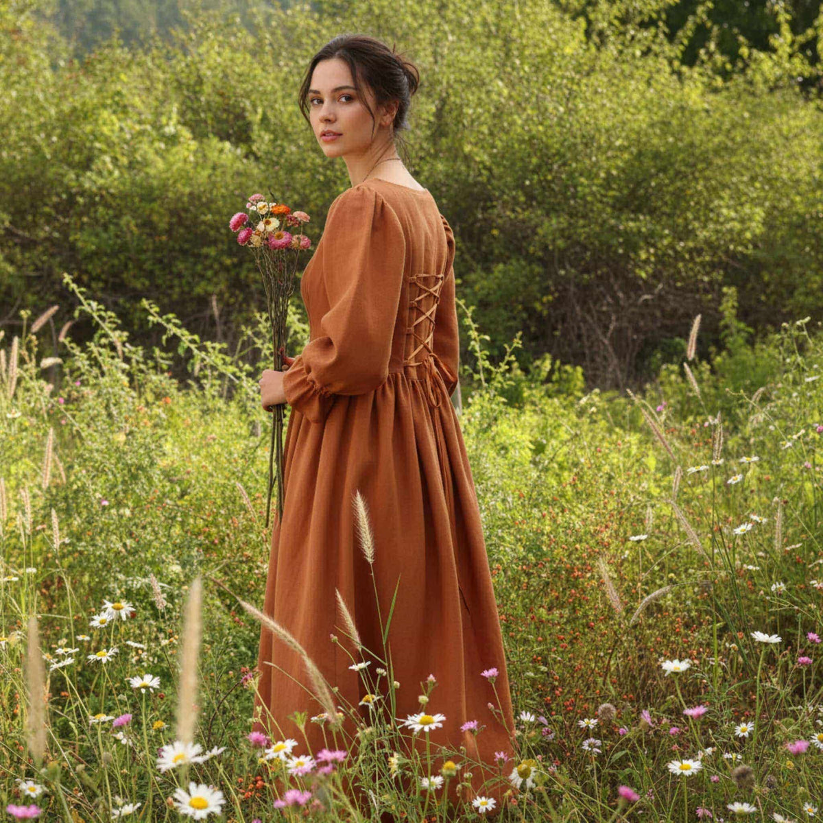 Puff Sleeve Linen Maxi Dress, Linen Corset Back Dress