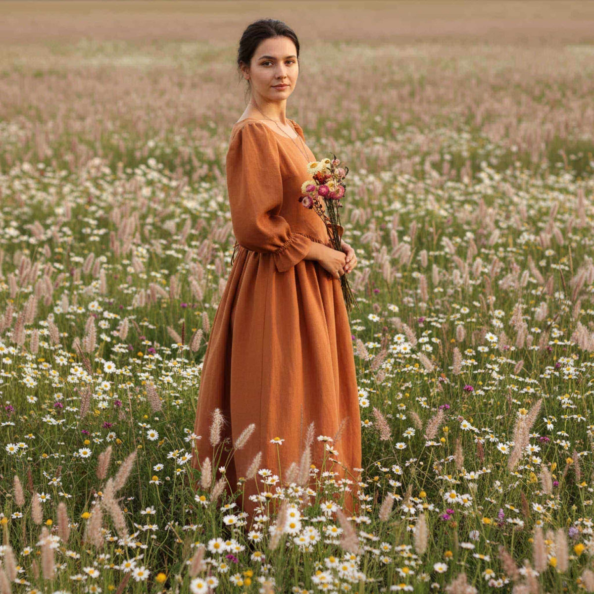 Puff Sleeve Linen Maxi Dress, Linen Corset Back Dress