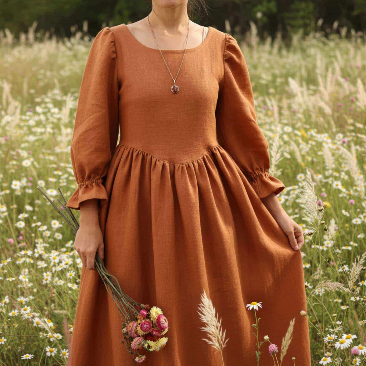 Puff Sleeve Linen Maxi Dress, Linen Corset Back Dress