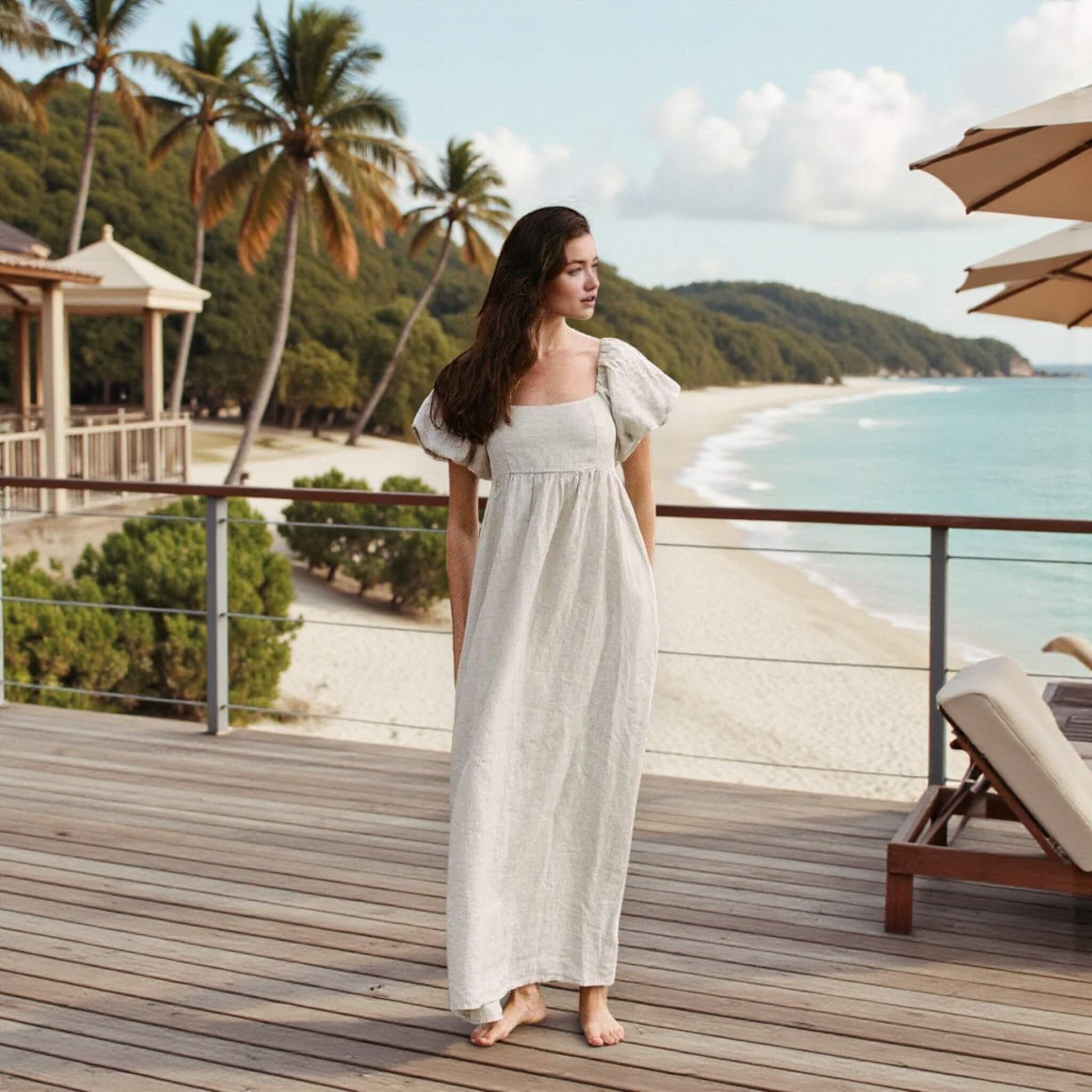 Puff Sleeve Linen Maxi Dress, Summer Linen Dress