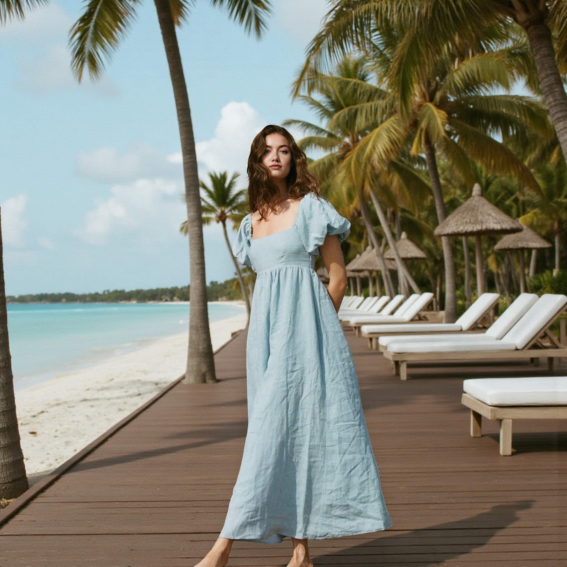 Puff Sleeve Linen Maxi Dress, Summer Linen Dress