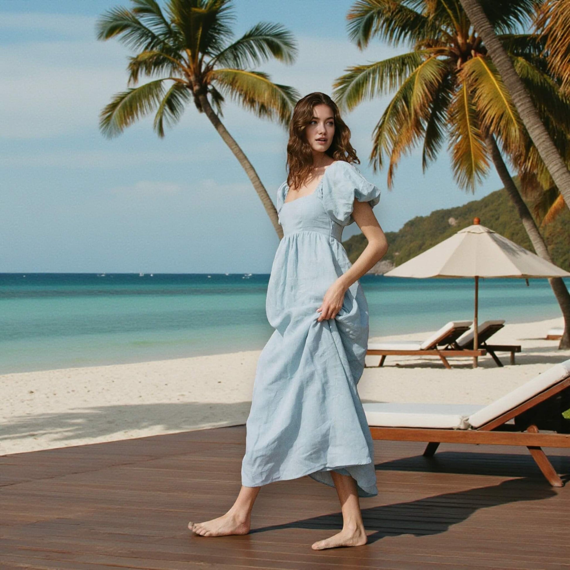 Puff Sleeve Linen Maxi Dress, Summer Linen Dress