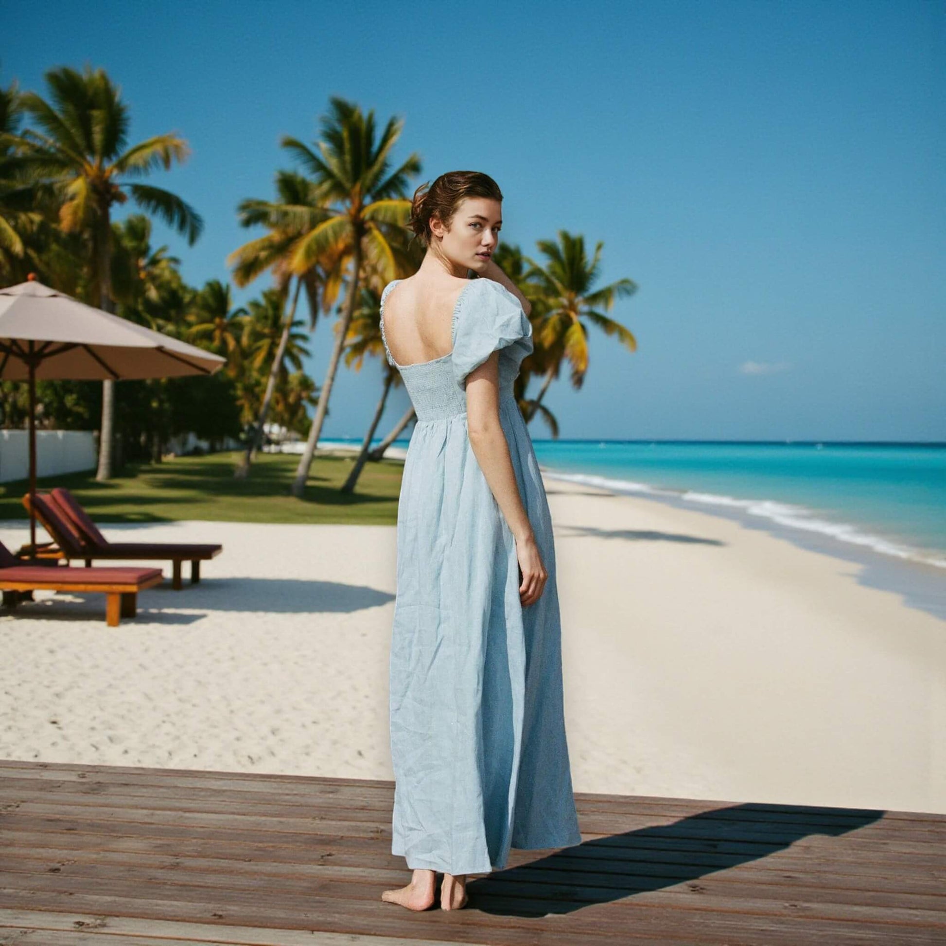 Puff Sleeve Linen Maxi Dress, Summer Linen Dress