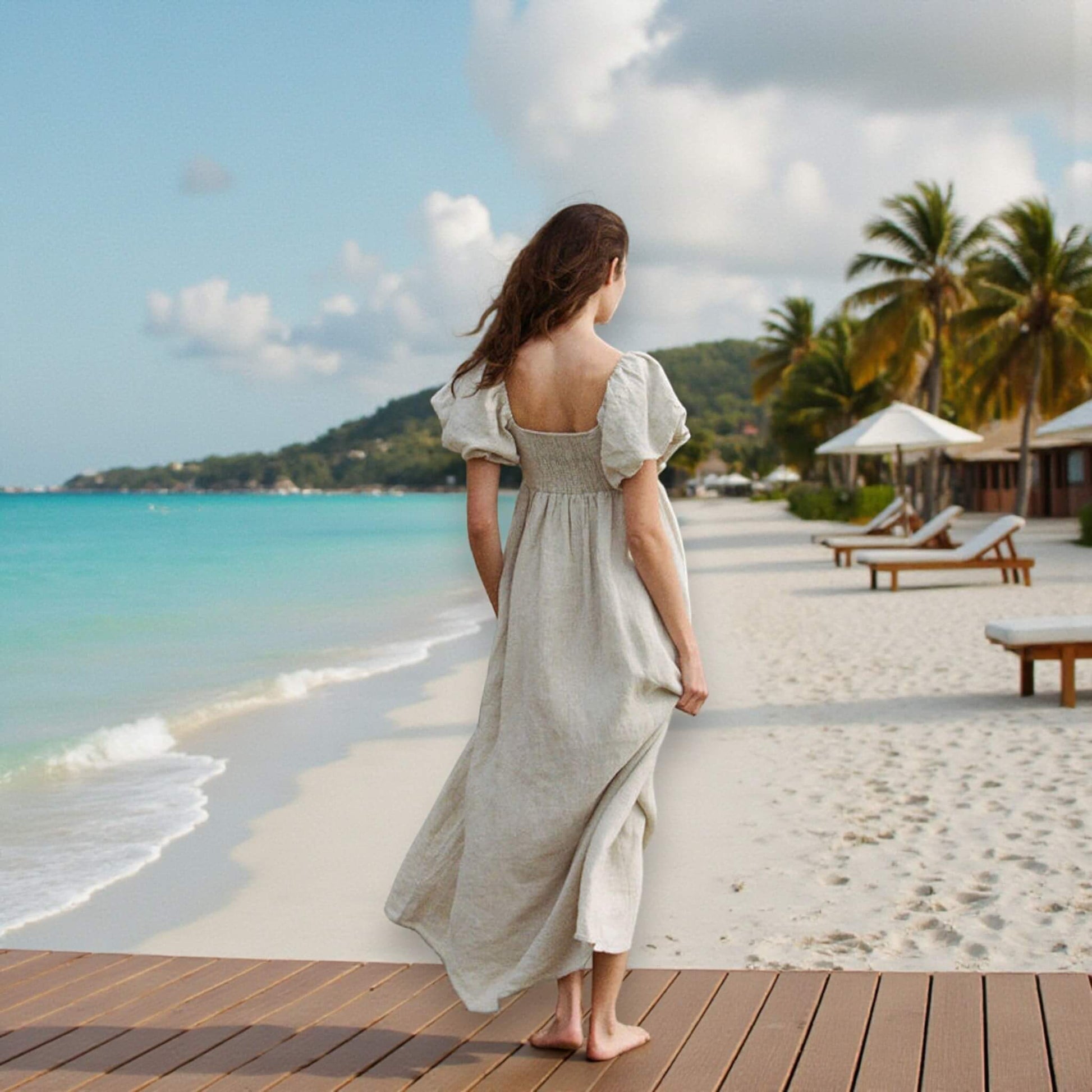 Puff Sleeve Linen Maxi Dress, Summer Linen Dress