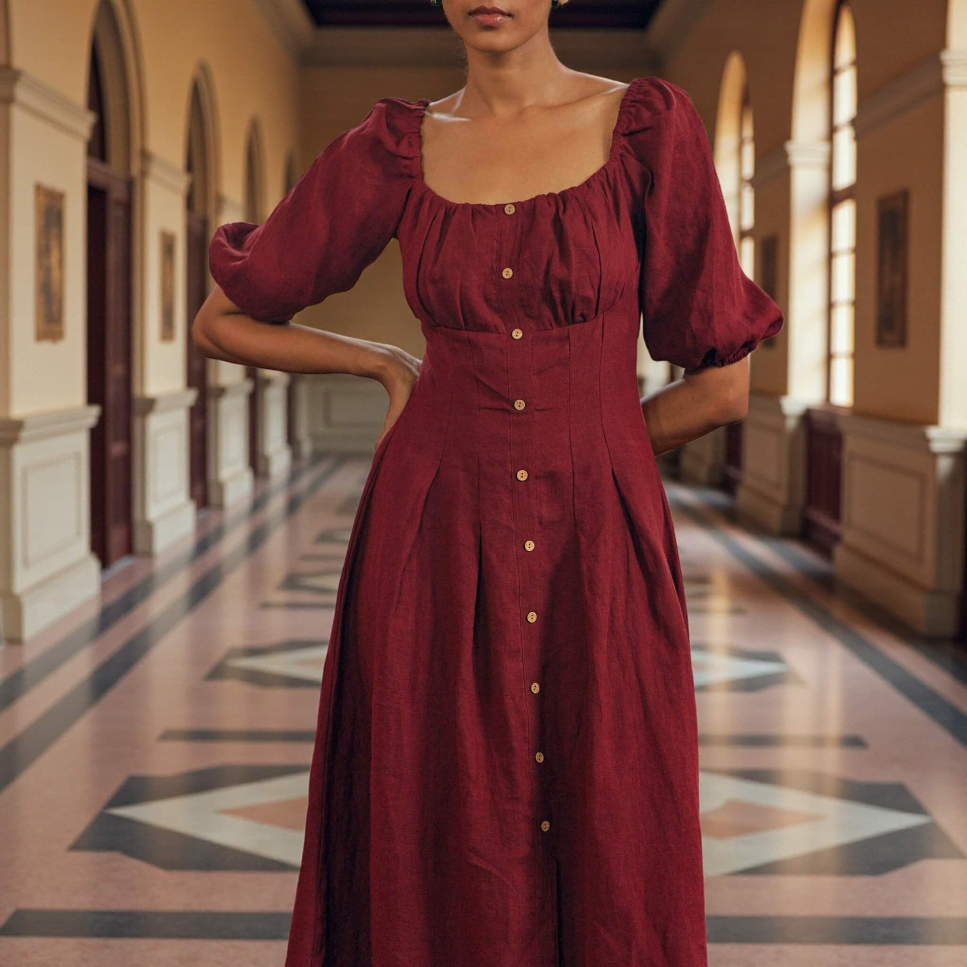 Puff Sleeve Linen Midi Dress, Button Front Midi Dress