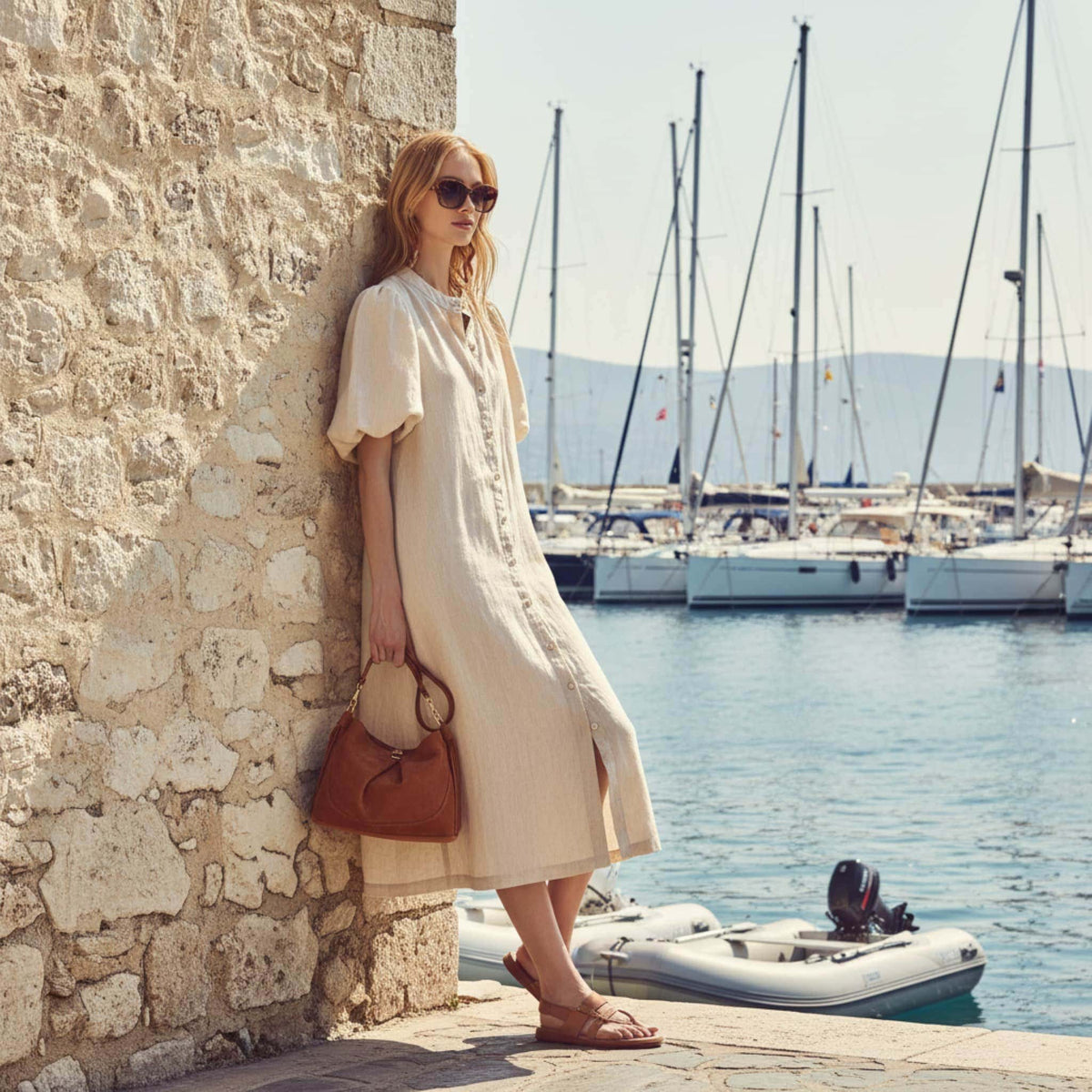 Puff Sleeve Linen Midi Dress, Button Front Midi Dress