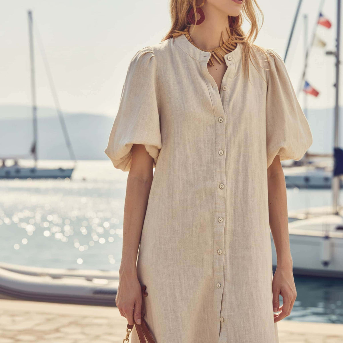 Puff Sleeve Linen Midi Dress, Button Front Midi Dress