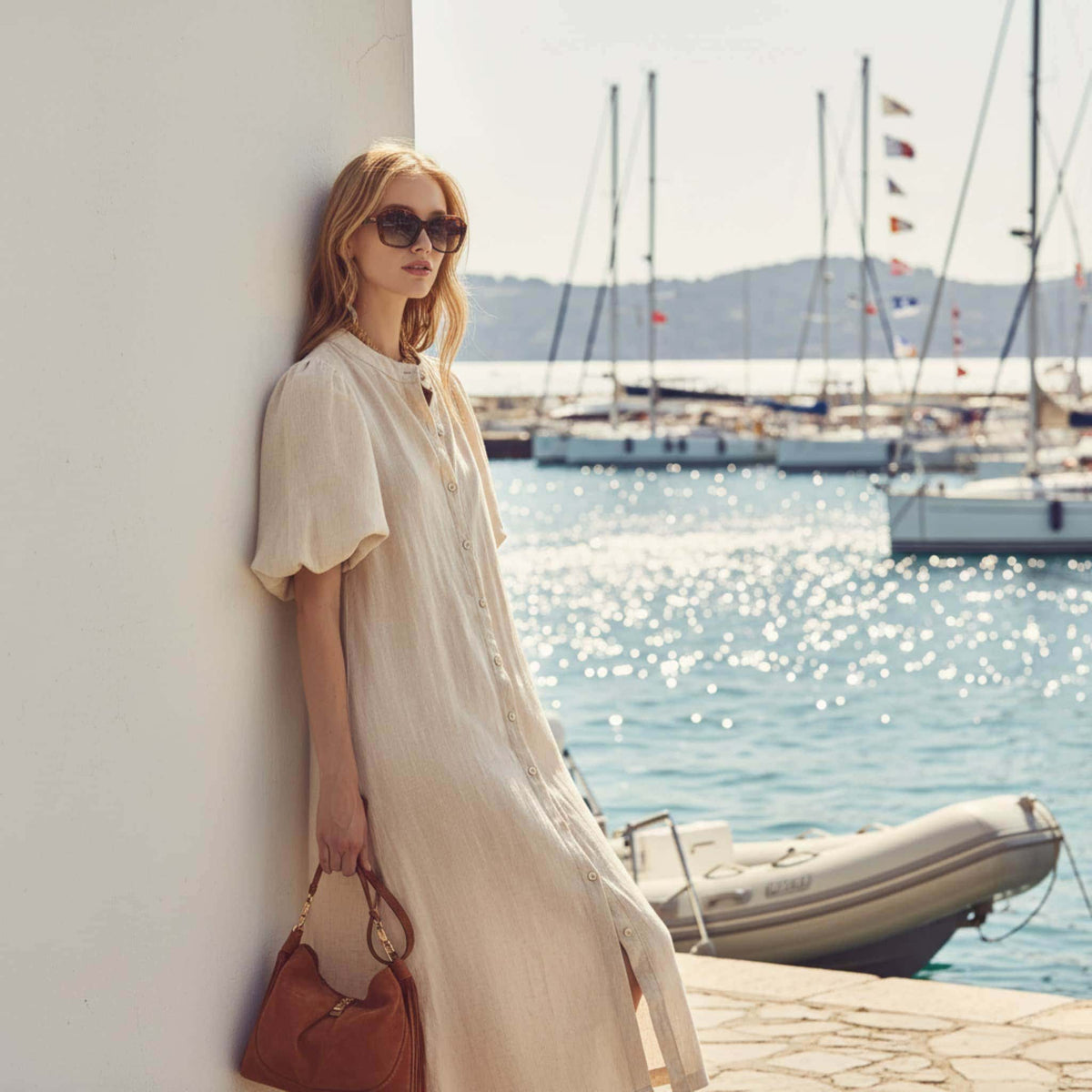 Puff Sleeve Linen Midi Dress, Button Front Midi Dress